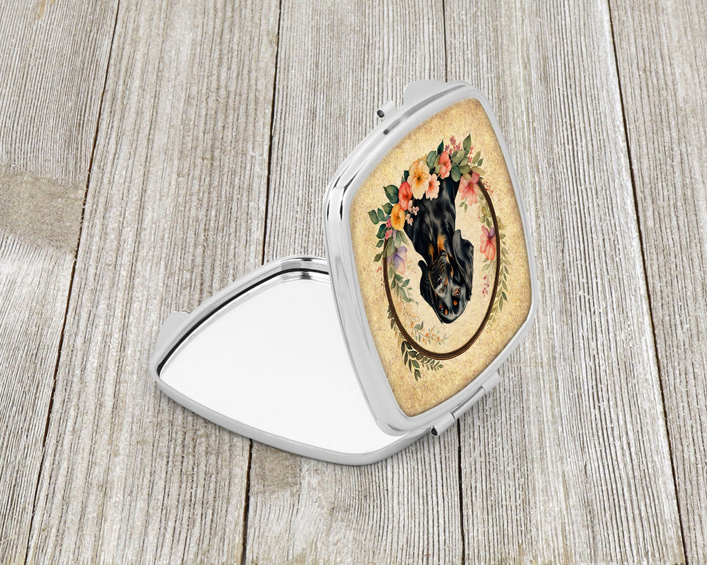 Black and Tan Coonhound and Flowers Compact Mirror Decorative Travel Makeup Mirror for Women Girls Gifts Pocket Makeup Mirror Folding Handheld
