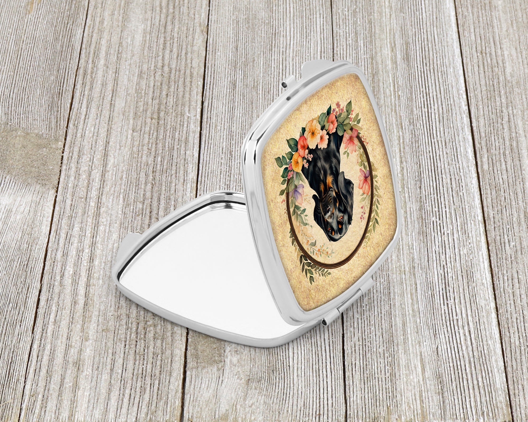 Black and Tan Coonhound and Flowers Compact Mirror Decorative Travel Makeup Mirror for Women Girls Gifts Pocket Makeup Mirror Folding Handheld