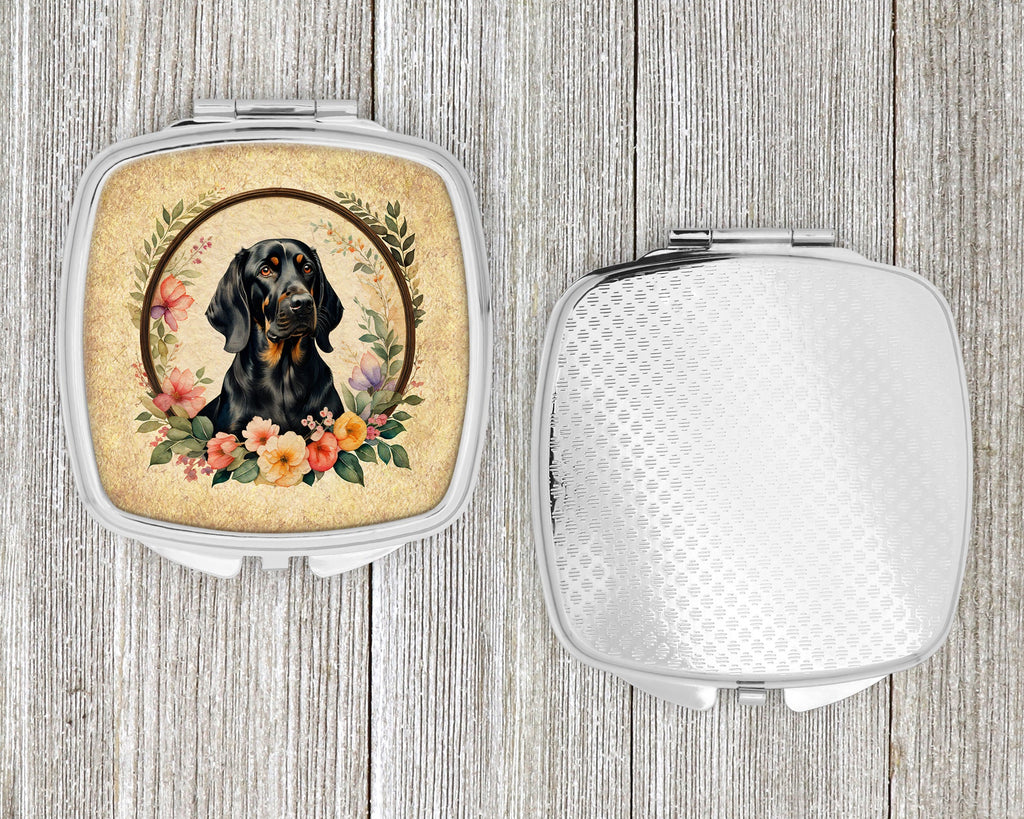 Black and Tan Coonhound and Flowers Compact Mirror Decorative Travel Makeup Mirror for Women Girls Gifts Pocket Makeup Mirror Folding Handheld