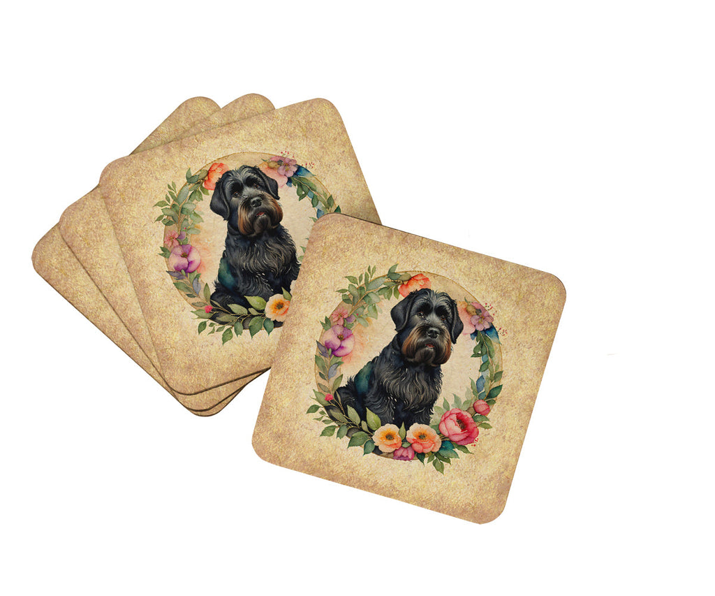 Black Russian Terrier and Flowers Foam Coasters Set of 4 Cup Coasters for Indoor Outdoor, Tabletop Protection, Anti Slip, Mouse pad Material