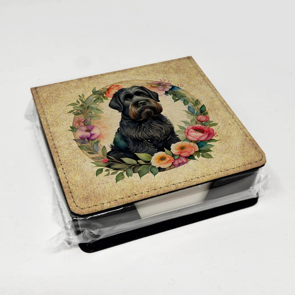 Black Russian Terrier and Flowers PU Leather Note Paper Holder with Artist-Designed Cover, Desk Accessory, Office Gift