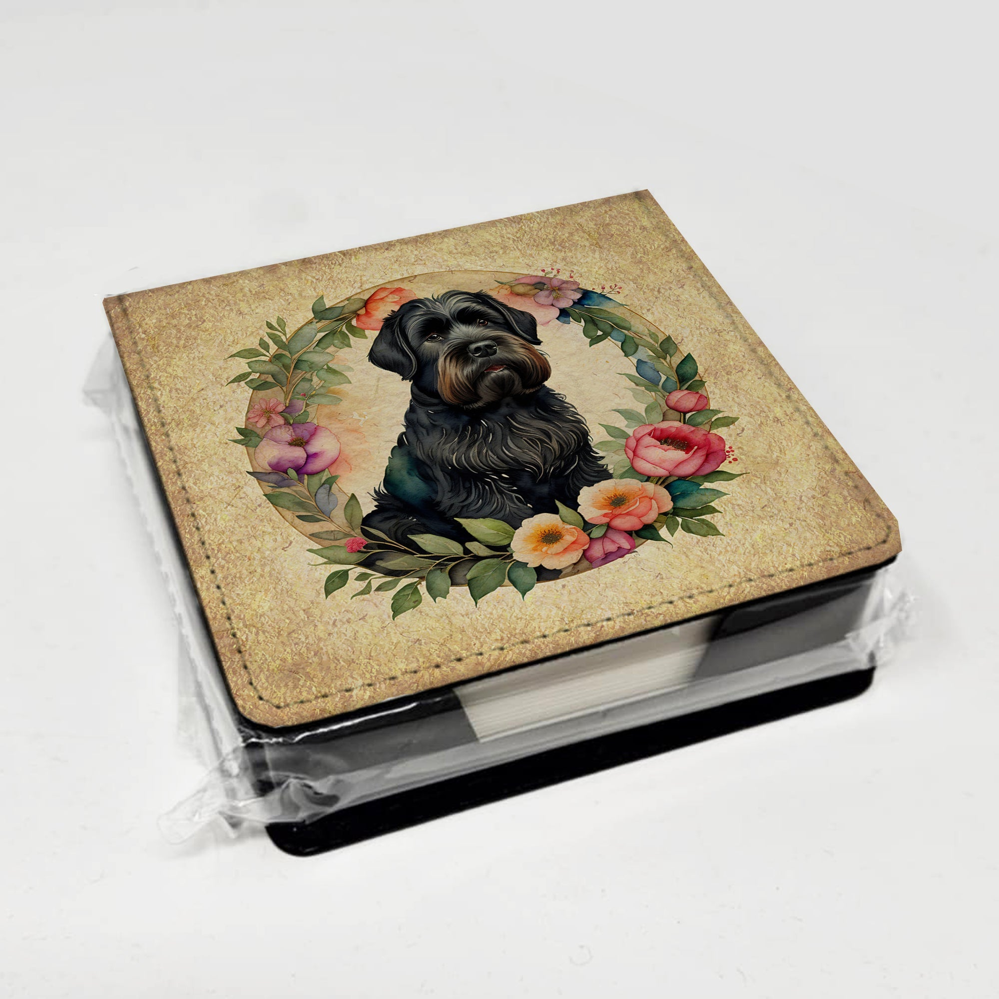 Black Russian Terrier and Flowers PU Leather Note Paper Holder with Artist-Designed Cover, Desk Accessory, Office Gift