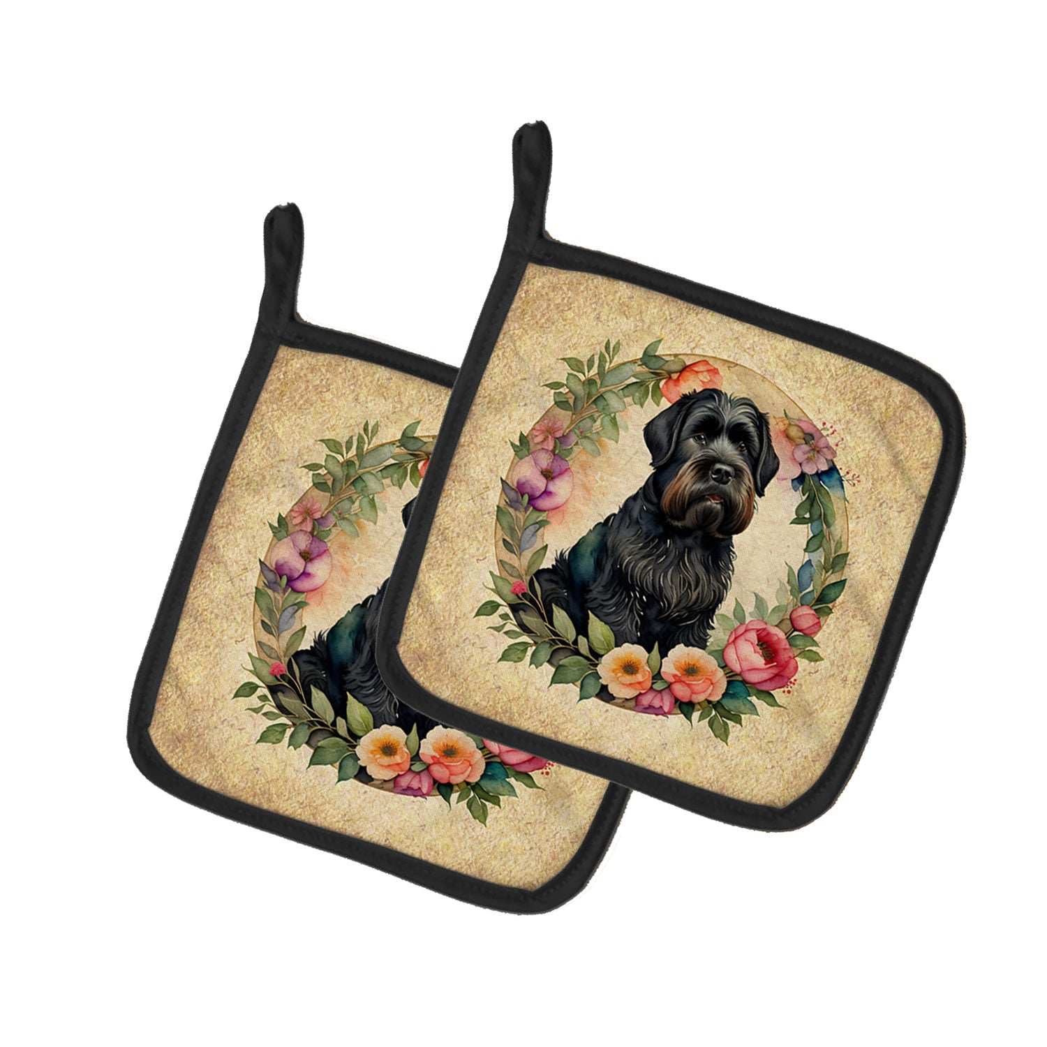 Black Russian Terrier and Flowers Pot Holder Set of 2 Heat Resistant Quilted Hot Pads 7.5 x 7.5 Inch, Insulated Kitchen Trivets for Cooking & Baking