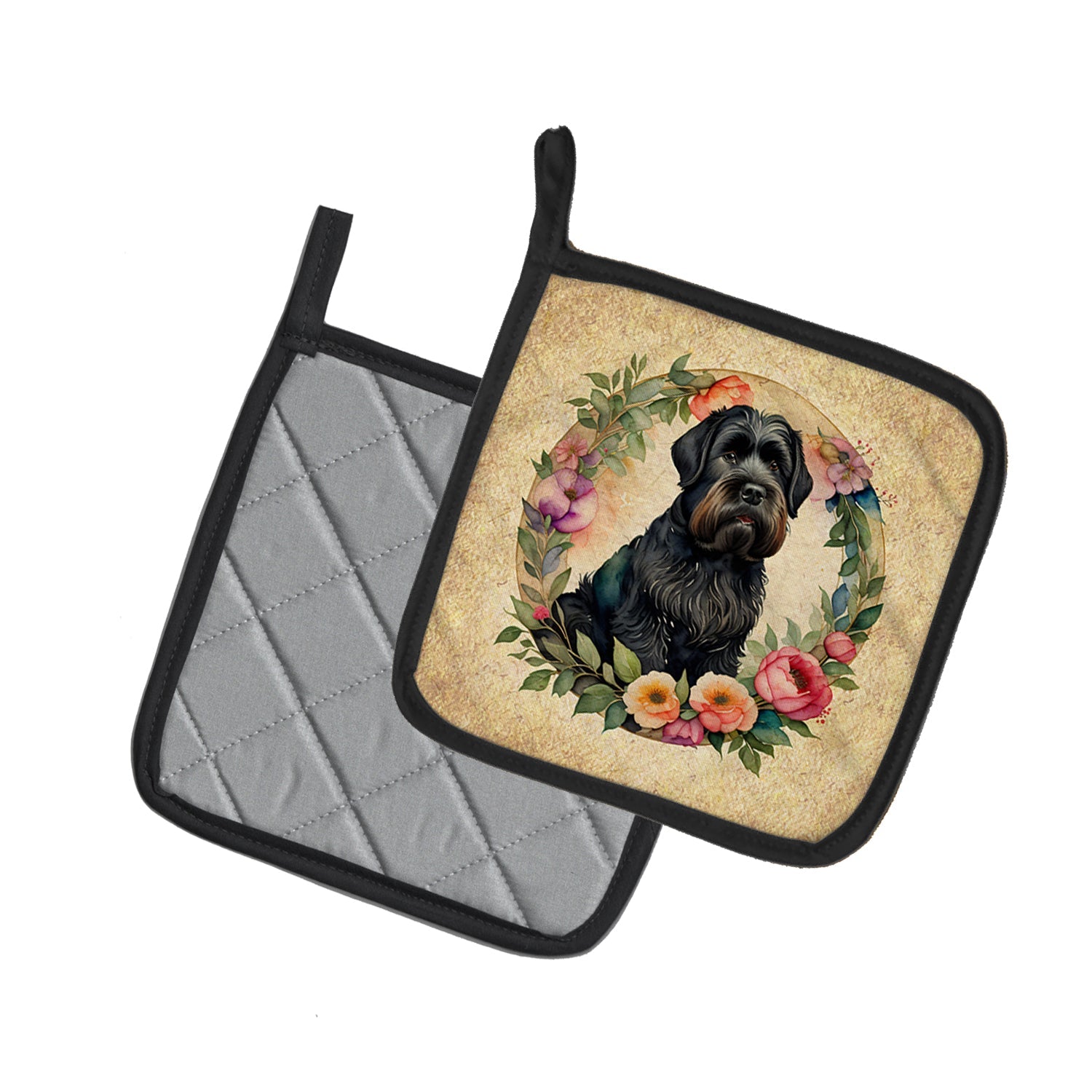 Black Russian Terrier and Flowers Pot Holder Set of 2 Heat Resistant Quilted Hot Pads 7.5 x 7.5 Inch, Insulated Kitchen Trivets for Cooking & Baking