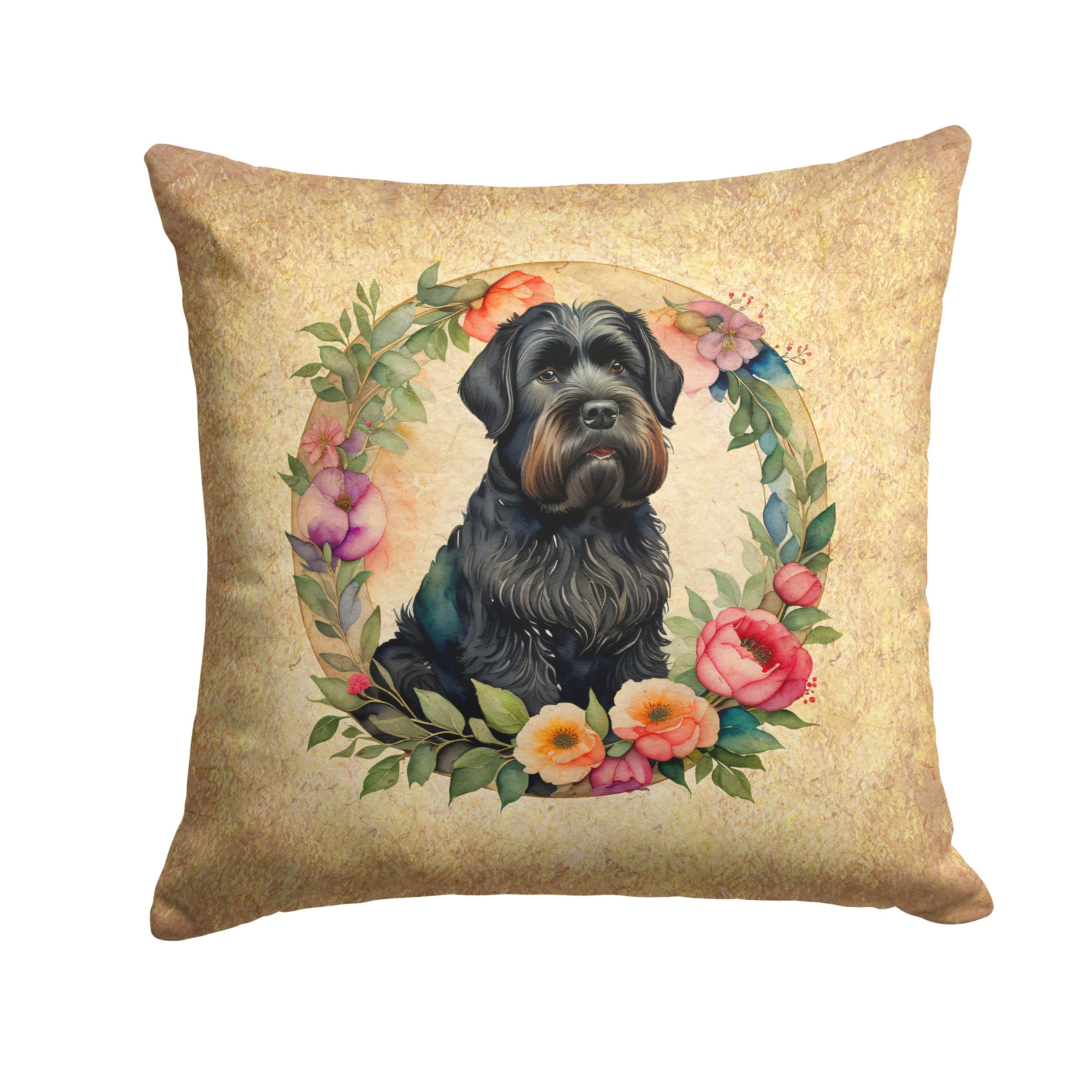 Black Russian Terrier and Flowers Decorative Throw Pillow 14x14 Indoor Outdoor Accent Cushion, Fabric Cover with Insert for Sofa, Bed, Porch & Living Room
