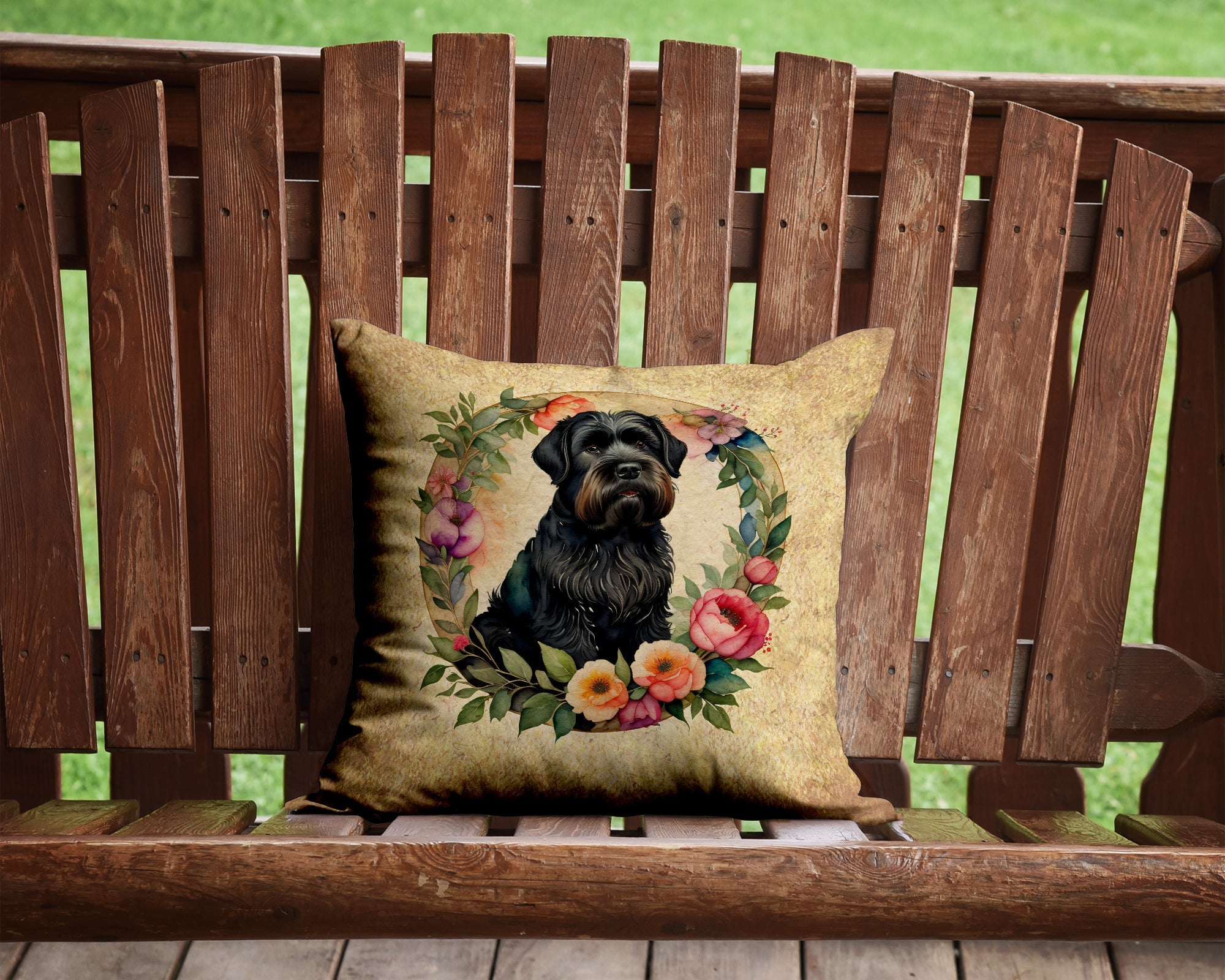 Black Russian Terrier and Flowers Decorative Throw Pillow 14x14 Indoor Outdoor Accent Cushion, Fabric Cover with Insert for Sofa, Bed, Porch & Living Room