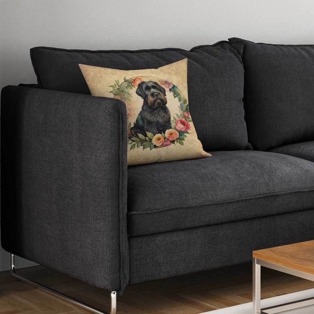 Black Russian Terrier and Flowers Decorative Throw Pillow 14x14 Indoor Outdoor Accent Cushion, Fabric Cover with Insert for Sofa, Bed, Porch & Living Room