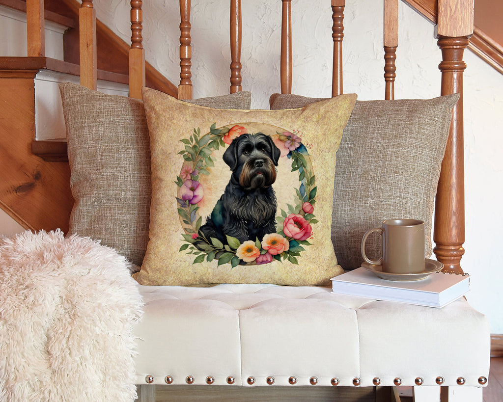Black Russian Terrier and Flowers Decorative Throw Pillow 14x14 Indoor Outdoor Accent Cushion, Fabric Cover with Insert for Sofa, Bed, Porch & Living Room