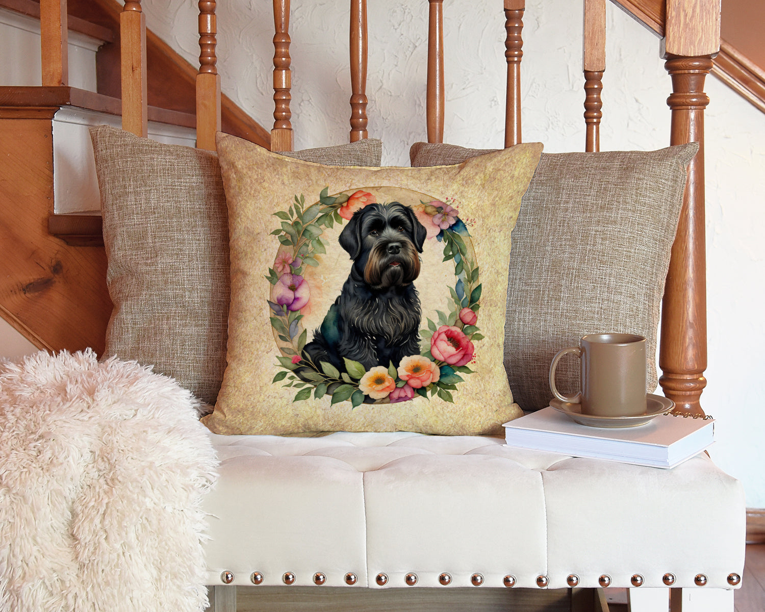 Black Russian Terrier and Flowers Decorative Throw Pillow 14x14 Indoor Outdoor Accent Cushion, Fabric Cover with Insert for Sofa, Bed, Porch & Living Room