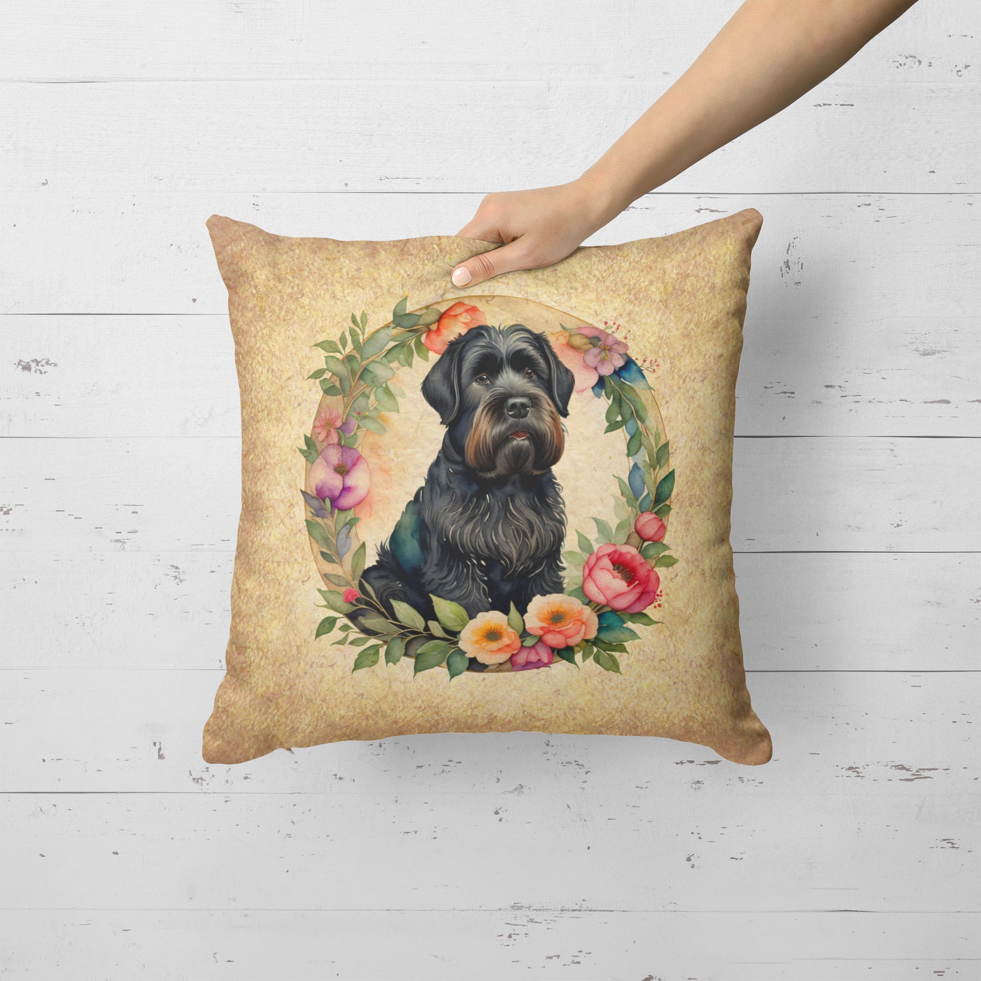 Black Russian Terrier and Flowers Decorative Throw Pillow 18x18 Indoor Outdoor Accent Cushion, Fabric Cover with Insert for Sofa, Bed, Porch & Living Room