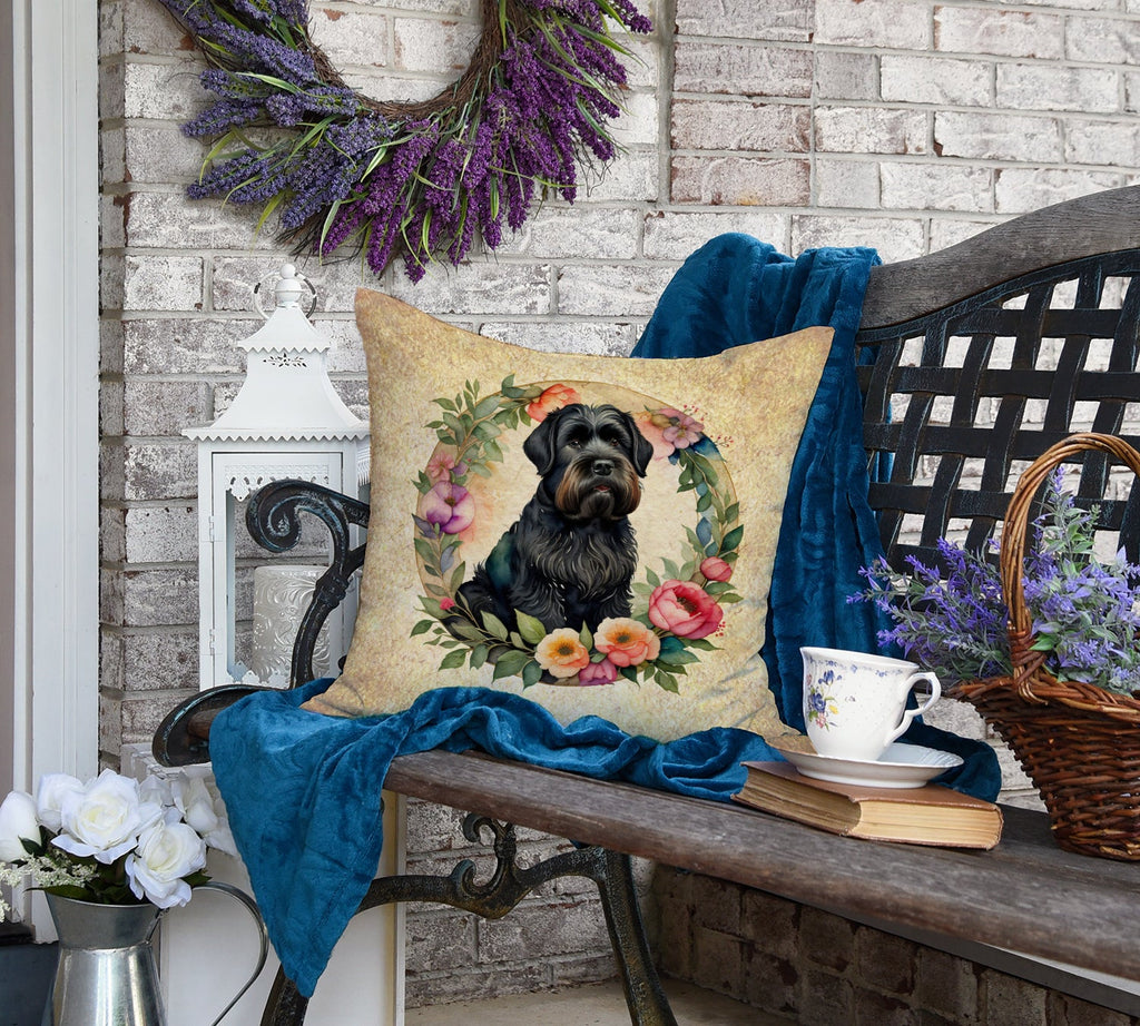 Black Russian Terrier and Flowers Decorative Throw Pillow 18x18 Indoor Outdoor Accent Cushion, Fabric Cover with Insert for Sofa, Bed, Porch & Living Room
