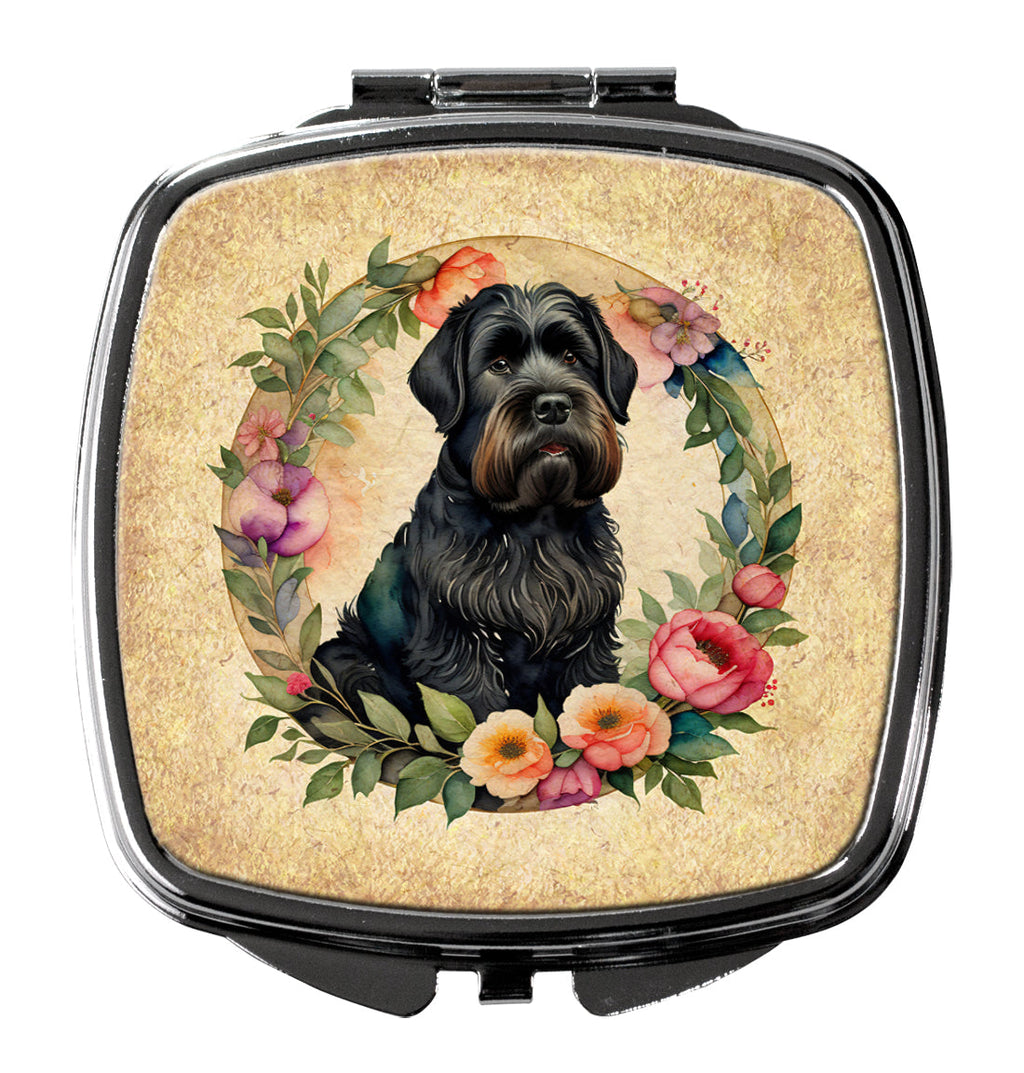 Black Russian Terrier and Flowers Compact Mirror Decorative Travel Makeup Mirror for Women Girls Gifts Pocket Makeup Mirror Folding Handheld