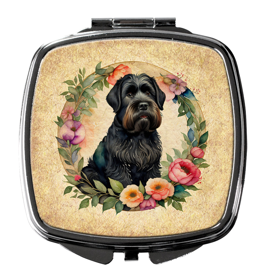 Black Russian Terrier and Flowers Compact Mirror Decorative Travel Makeup Mirror for Women Girls Gifts Pocket Makeup Mirror Folding Handheld