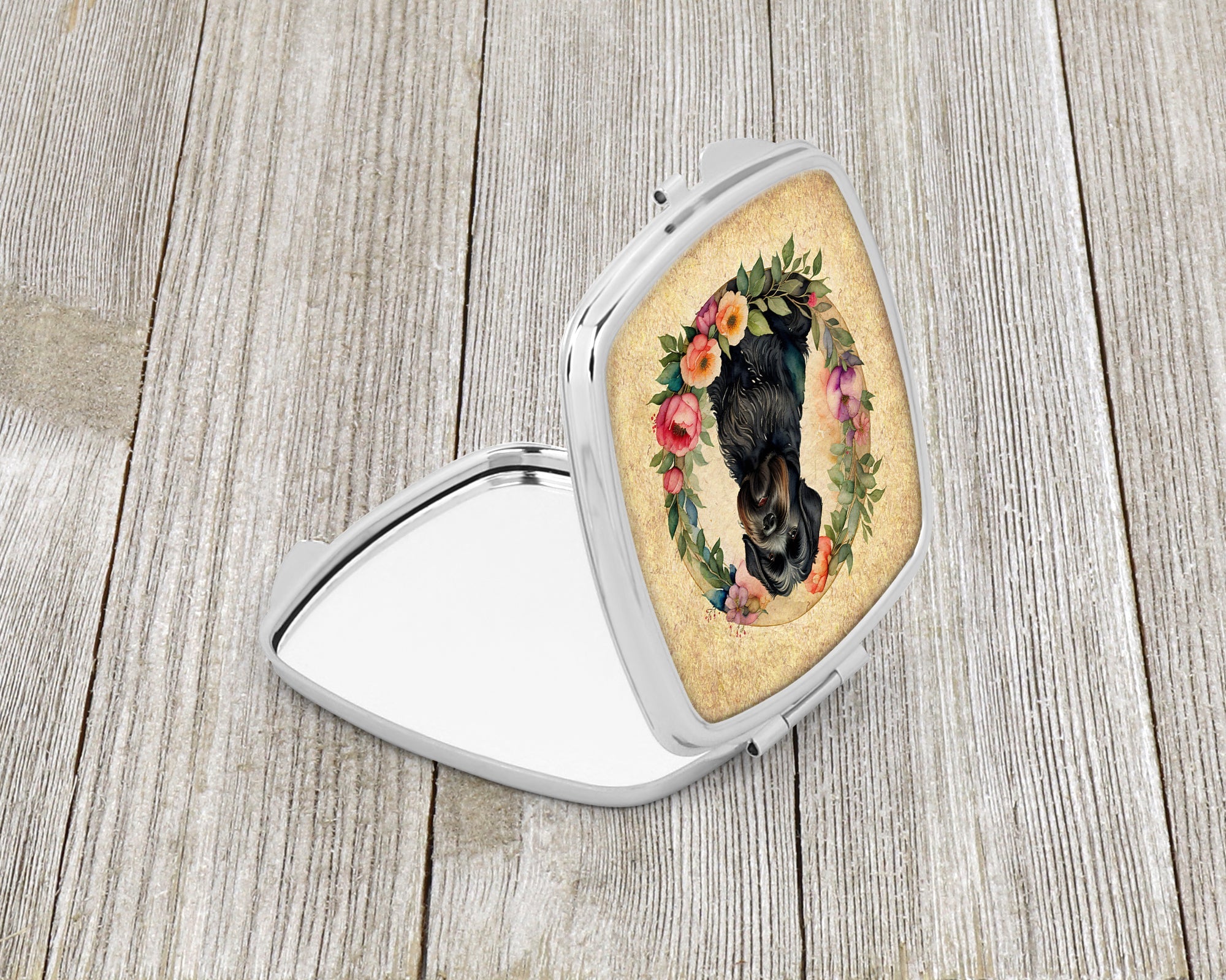 Black Russian Terrier and Flowers Compact Mirror Decorative Travel Makeup Mirror for Women Girls Gifts Pocket Makeup Mirror Folding Handheld