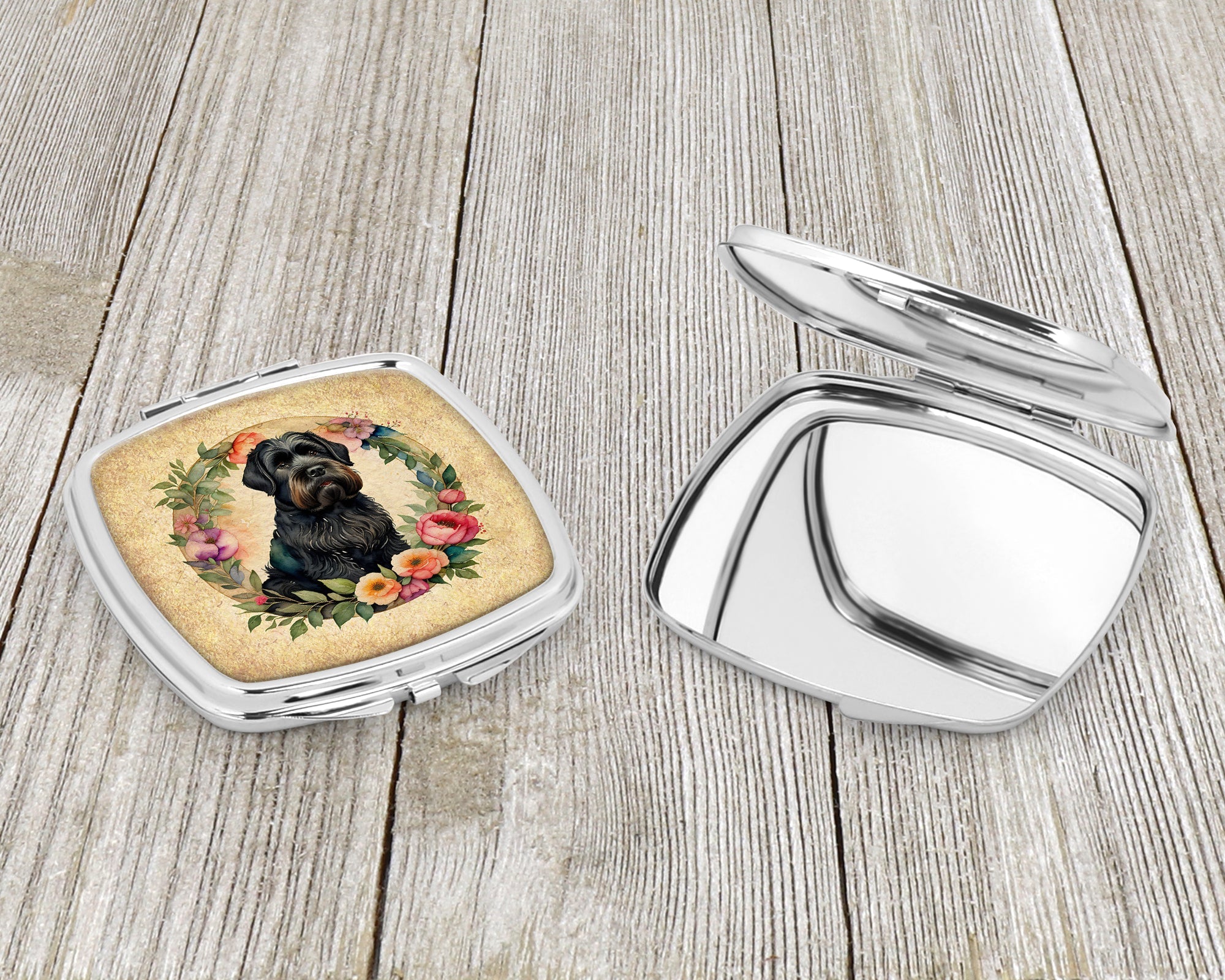 Black Russian Terrier and Flowers Compact Mirror Decorative Travel Makeup Mirror for Women Girls Gifts Pocket Makeup Mirror Folding Handheld