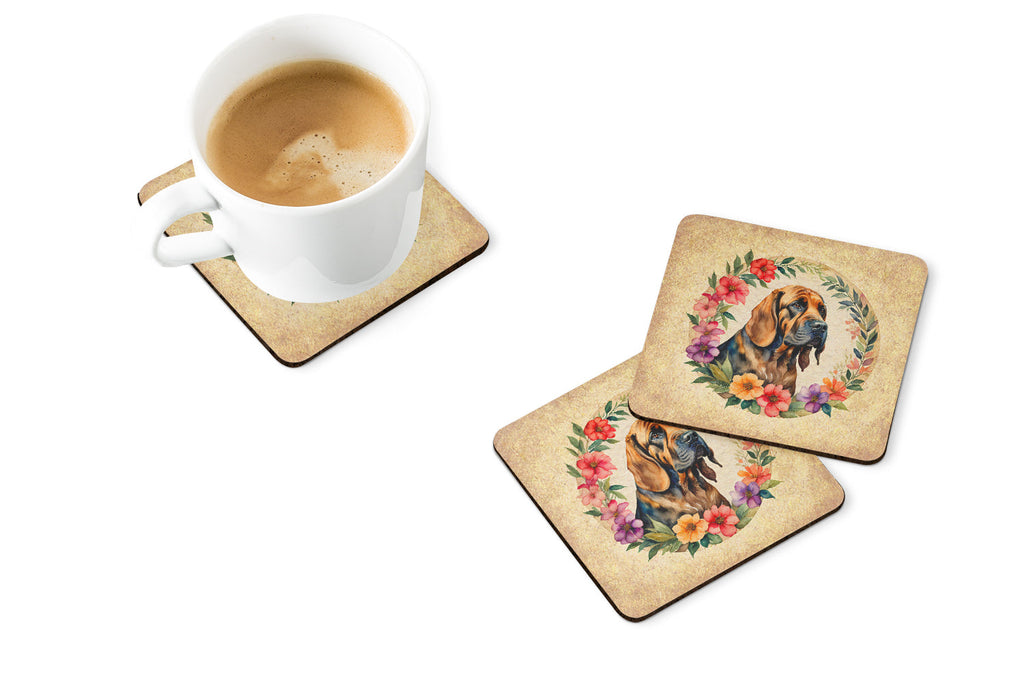 Bloodhound and Flowers Foam Coasters Set of 4 Cup Coasters for Indoor Outdoor, Tabletop Protection, Anti Slip, Mouse pad Material