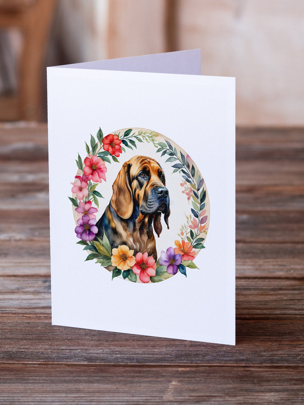 Bloodhound and Flowers Greeting Cards Pack of 8 Blank Cards with Envelopes Whimsical A7 Size 5x7