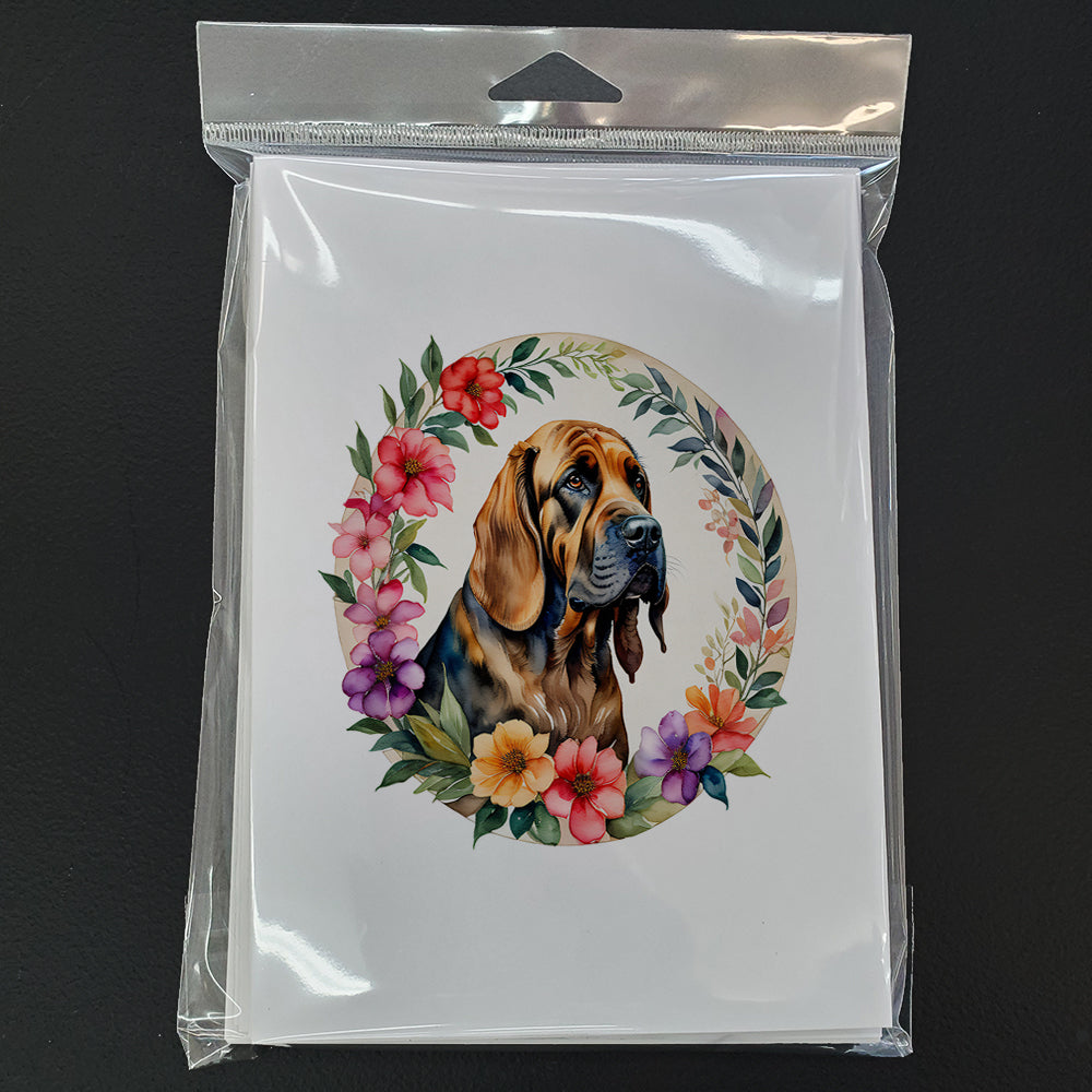 Bloodhound and Flowers Greeting Cards Pack of 8 Blank Cards with Envelopes Whimsical A7 Size 5x7