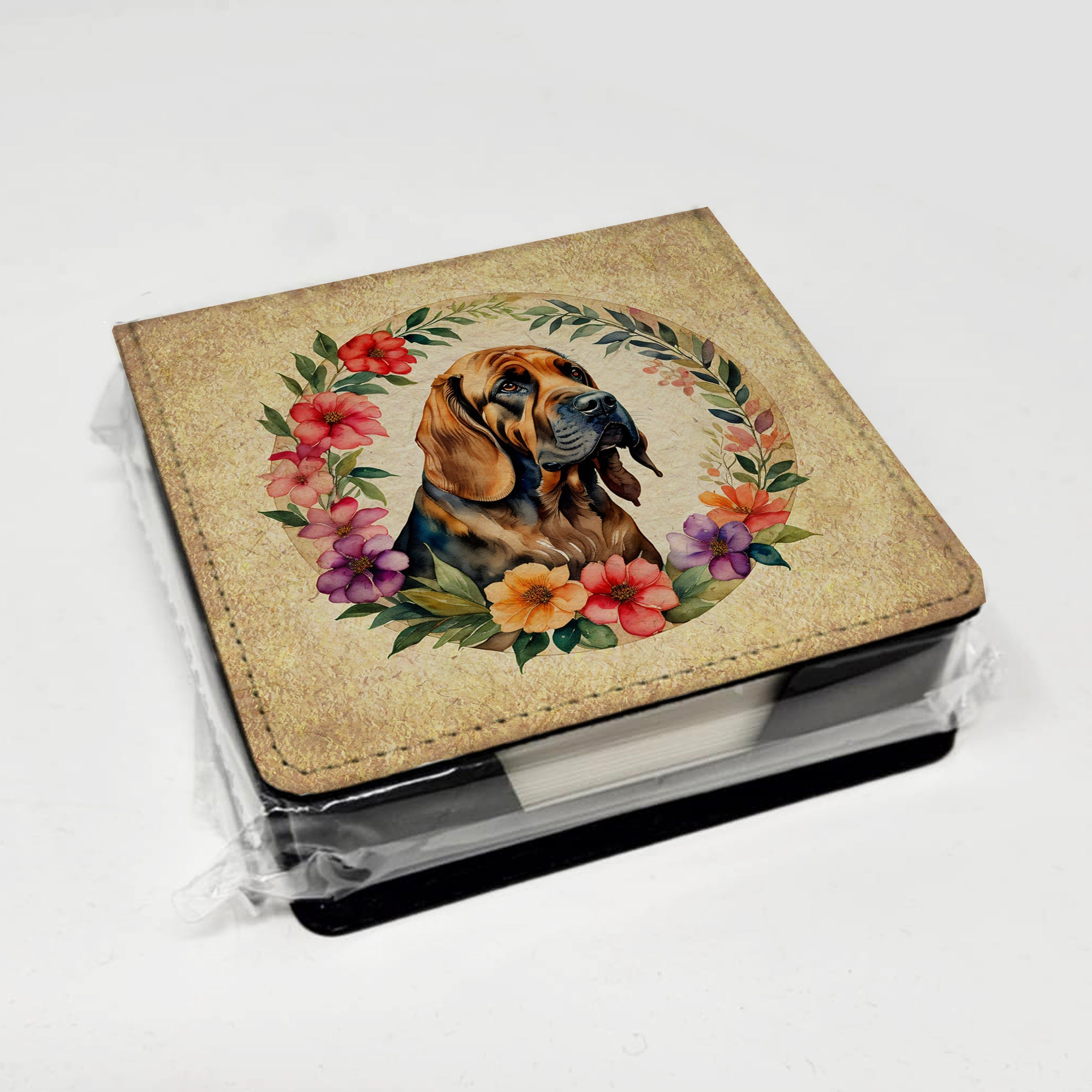 Bloodhound and Flowers PU Leather Note Paper Holder with Artist-Designed Cover, Desk Accessory, Office Gift