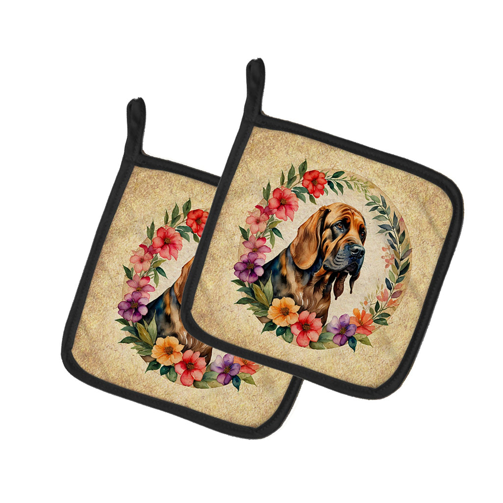 Bloodhound and Flowers Pot Holder Set of 2 Heat Resistant Quilted Hot Pads 7.5 x 7.5 Inch, Insulated Kitchen Trivets for Cooking & Baking