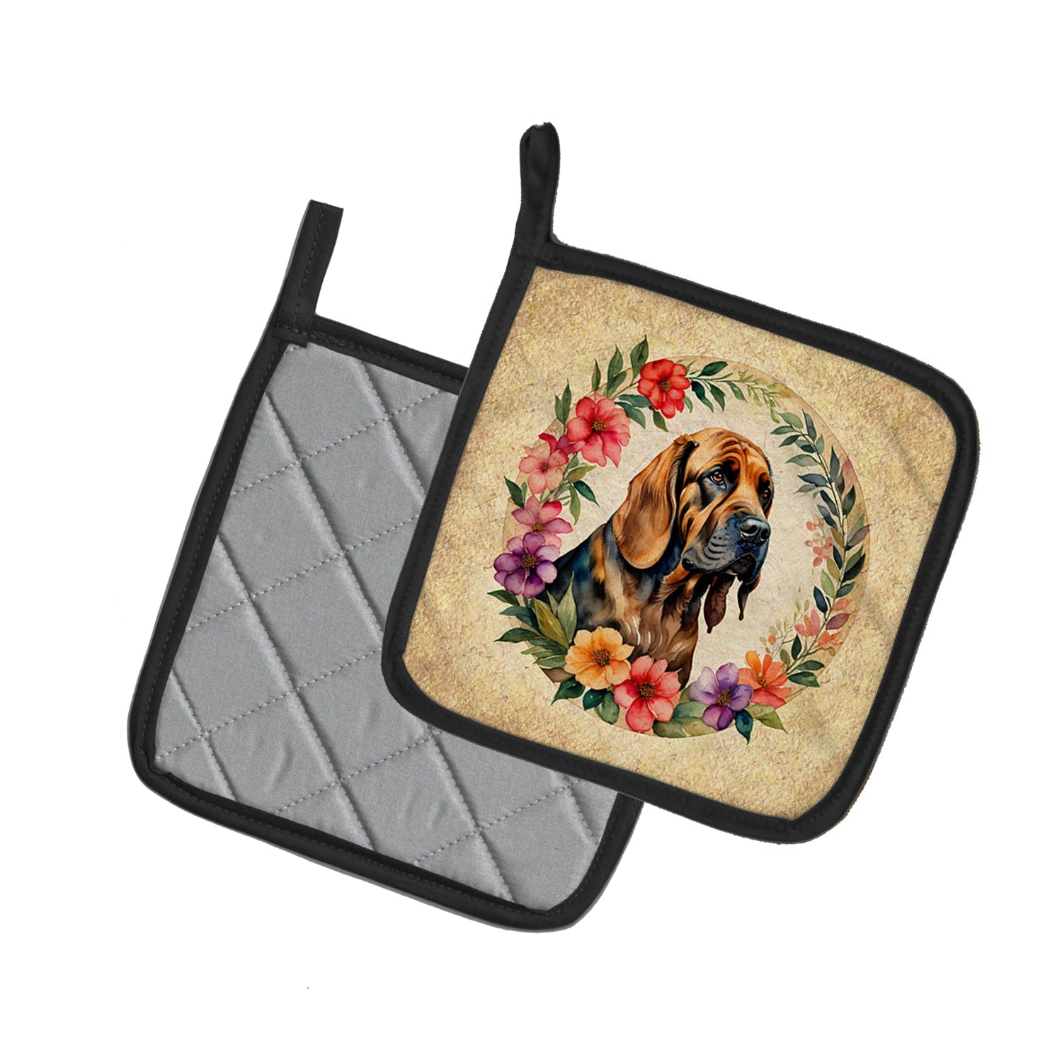 Bloodhound and Flowers Pot Holder Set of 2 Heat Resistant Quilted Hot Pads 7.5 x 7.5 Inch, Insulated Kitchen Trivets for Cooking & Baking