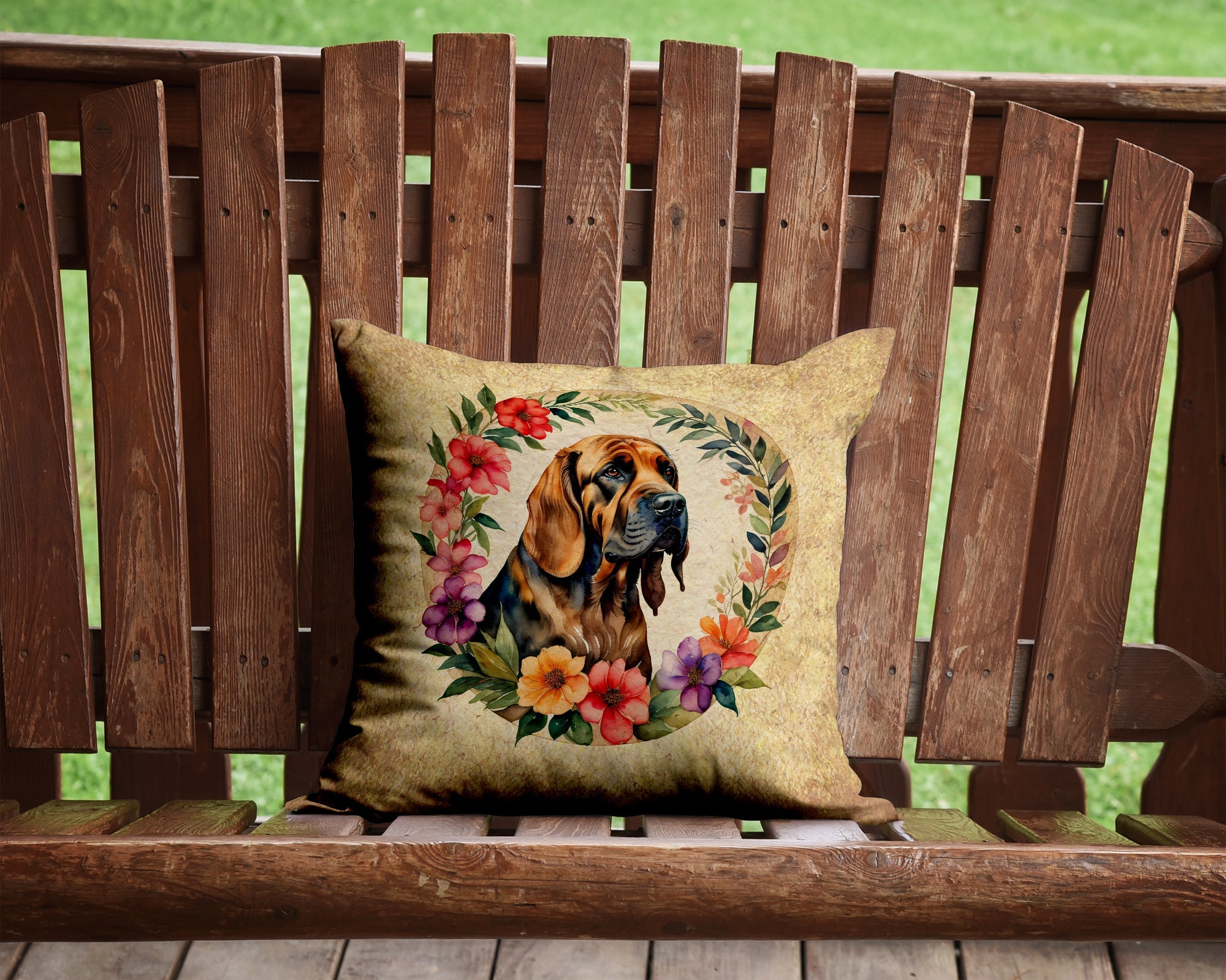 Bloodhound and Flowers Decorative Throw Pillow 14x14 Indoor Outdoor Accent Cushion, Fabric Cover with Insert for Sofa, Bed, Porch & Living Room