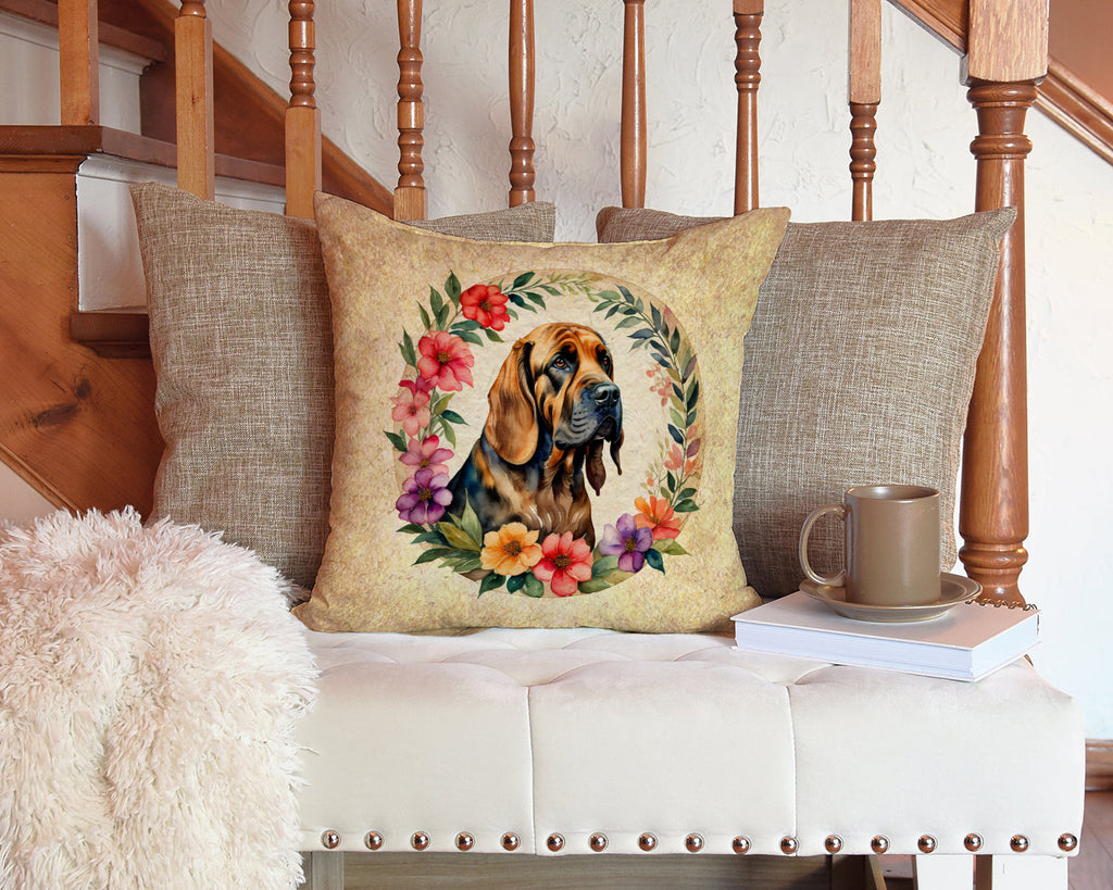 Bloodhound and Flowers Decorative Throw Pillow 14x14 Indoor Outdoor Accent Cushion, Fabric Cover with Insert for Sofa, Bed, Porch & Living Room