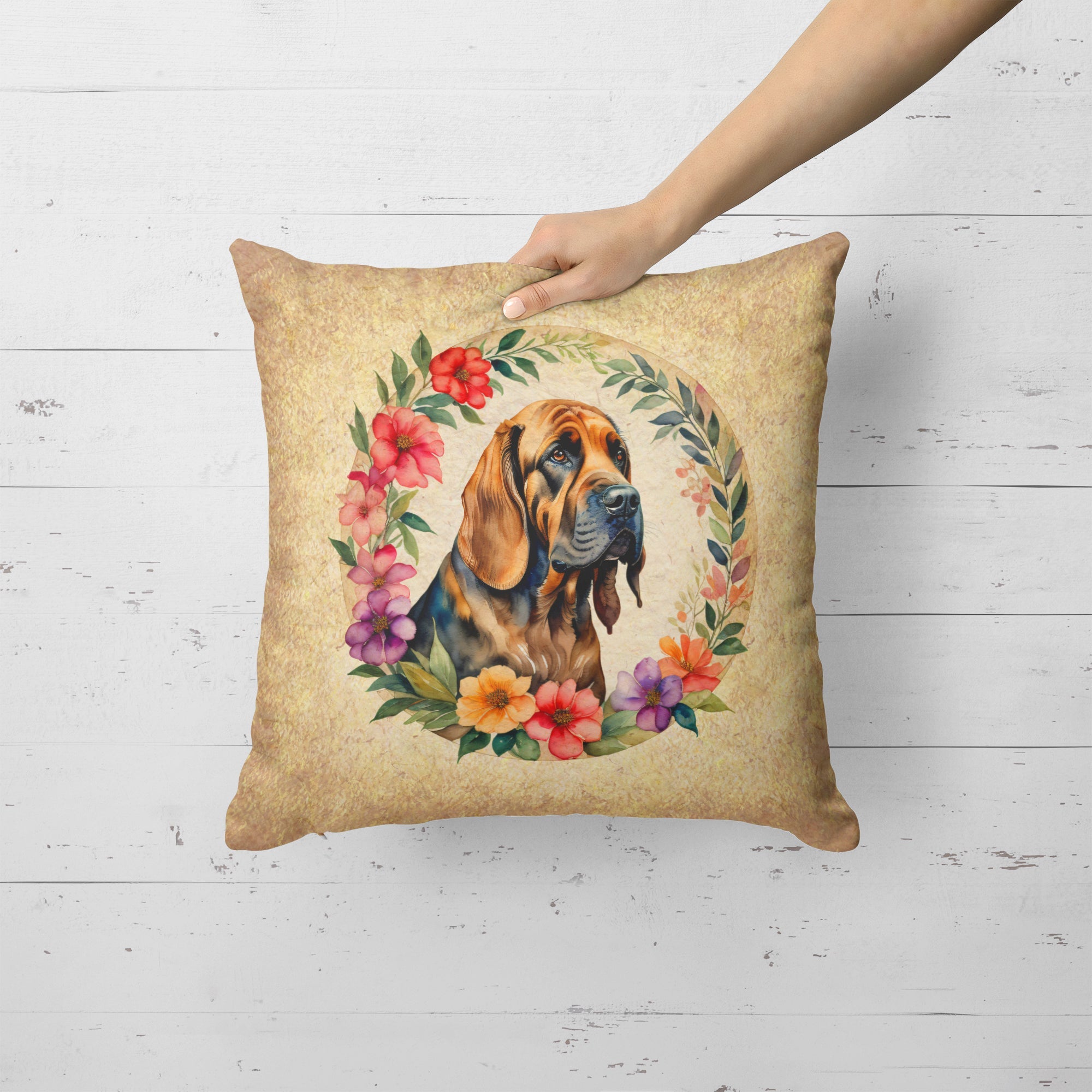 Bloodhound and Flowers Decorative Throw Pillow 18x18 Indoor Outdoor Accent Cushion, Fabric Cover with Insert for Sofa, Bed, Porch & Living Room