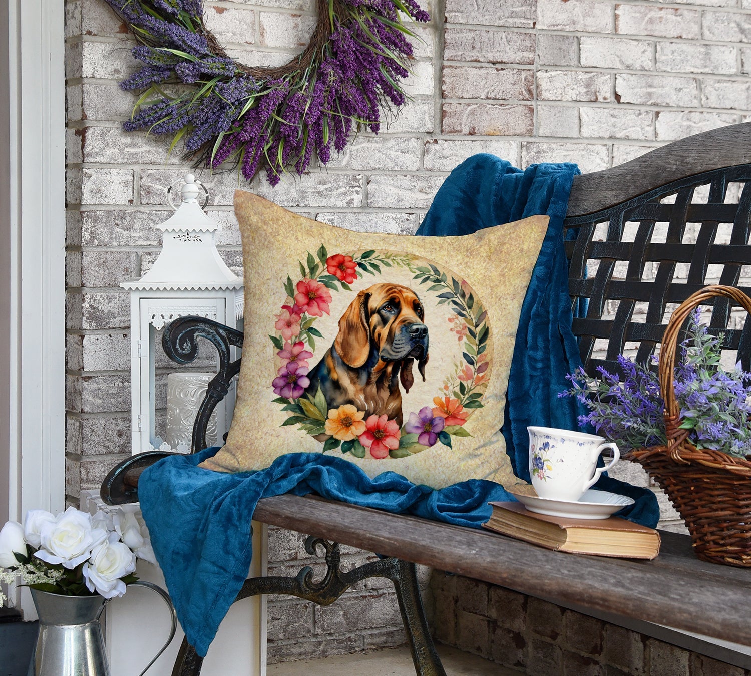 Bloodhound and Flowers Decorative Throw Pillow 18x18 Indoor Outdoor Accent Cushion, Fabric Cover with Insert for Sofa, Bed, Porch & Living Room