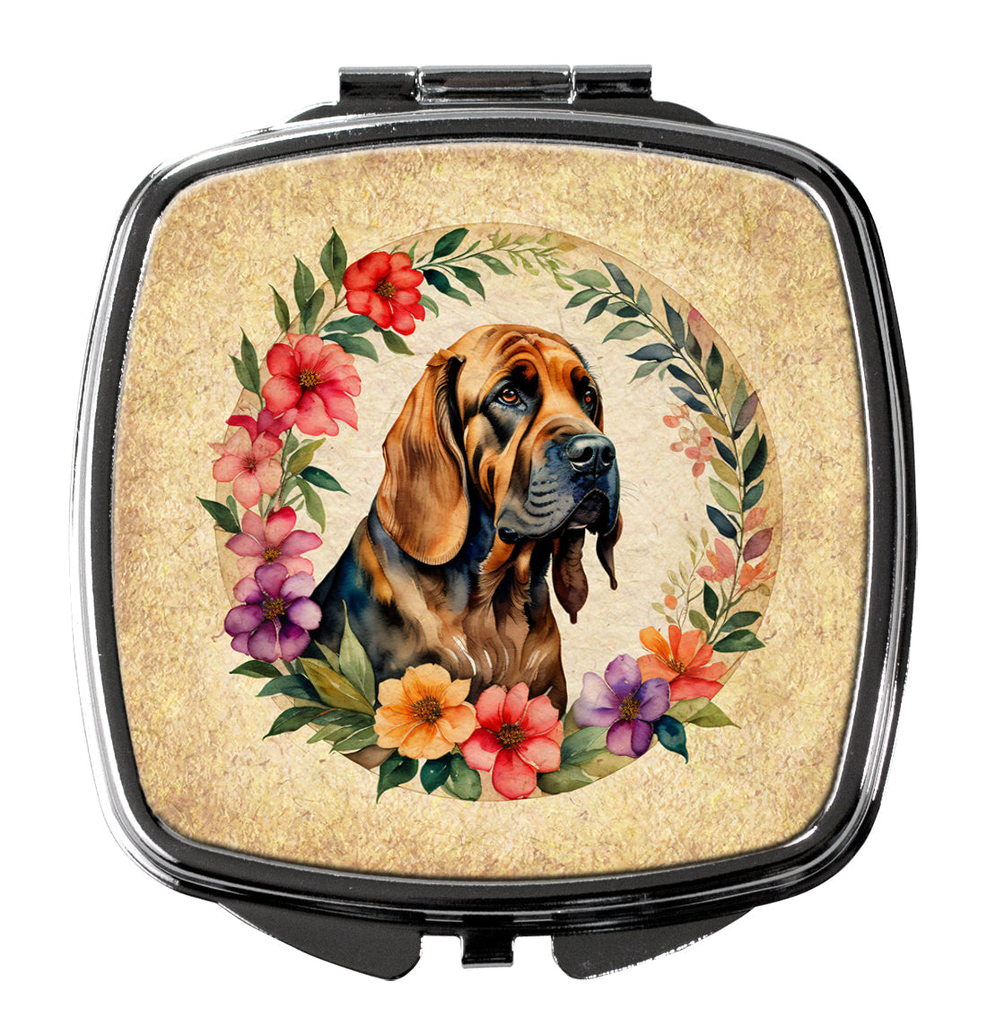 Bloodhound and Flowers Compact Mirror Decorative Travel Makeup Mirror for Women Girls Gifts Pocket Makeup Mirror Folding Handheld
