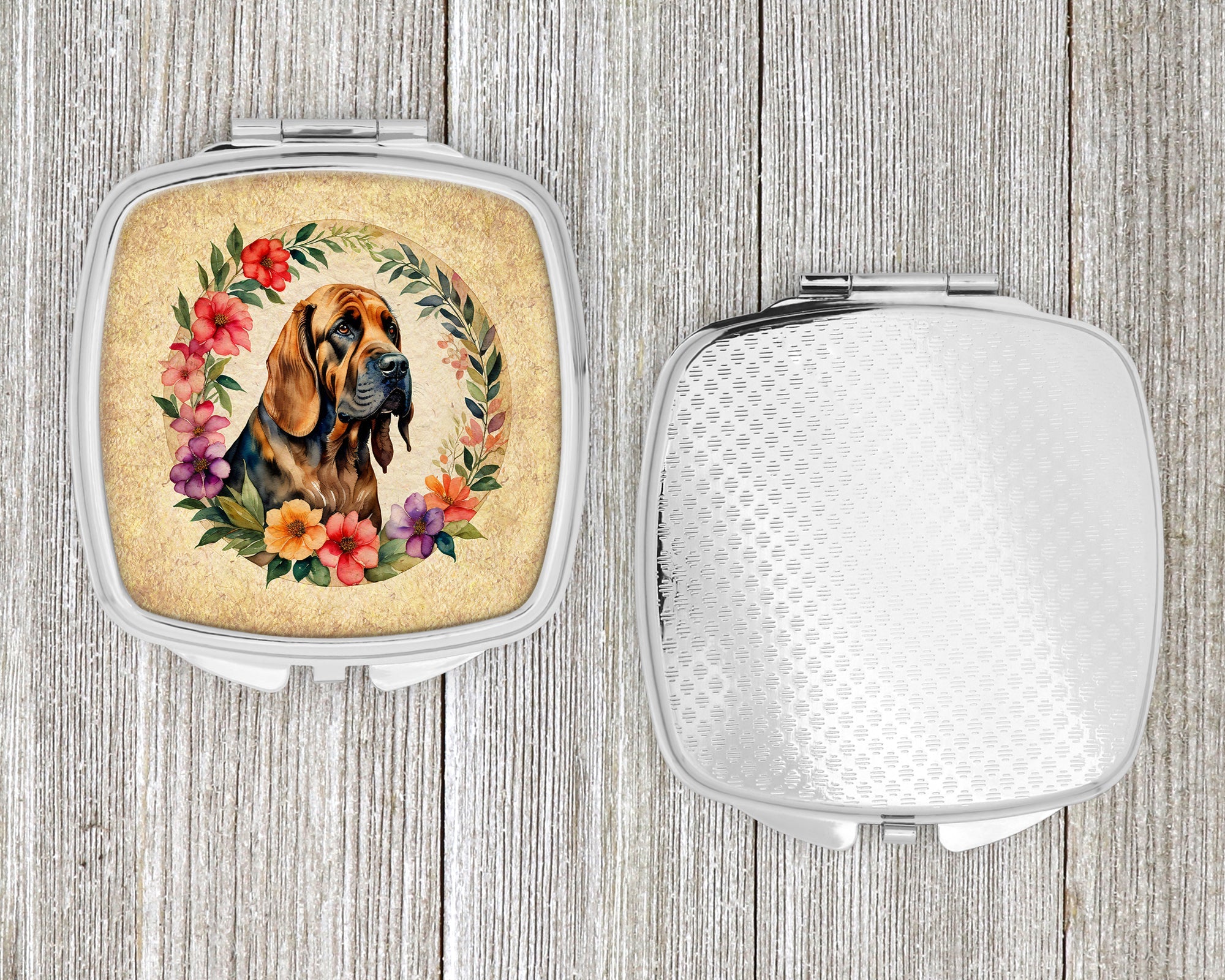 Bloodhound and Flowers Compact Mirror Decorative Travel Makeup Mirror for Women Girls Gifts Pocket Makeup Mirror Folding Handheld