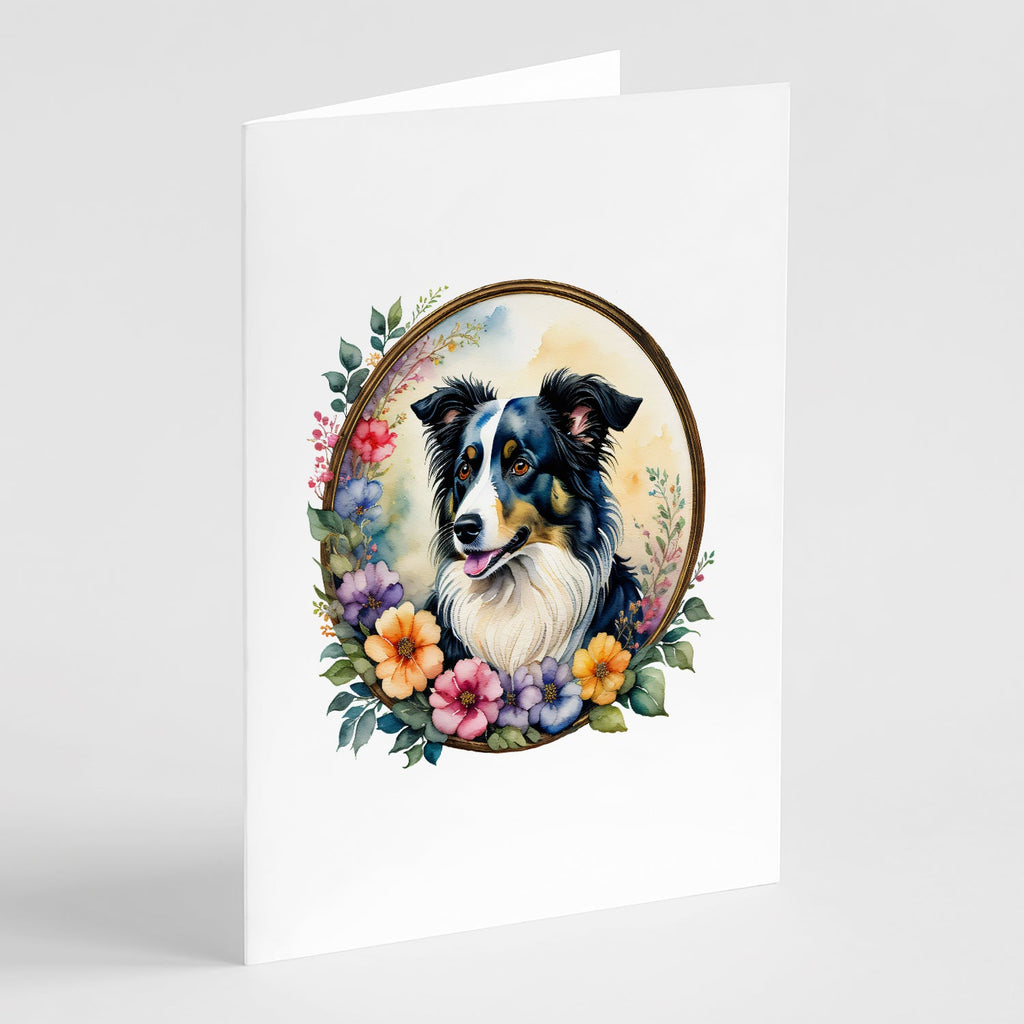 Border Collie and Flowers Greeting Cards Pack of 8 Blank Cards with Envelopes Whimsical A7 Size 5x7