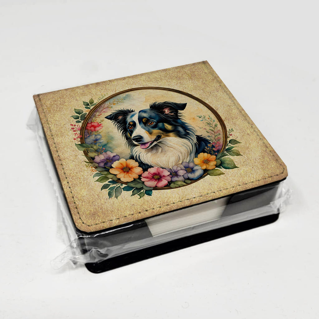 Border Collie and Flowers PU Leather Note Paper Holder with Artist-Designed Cover, Desk Accessory, Office Gift
