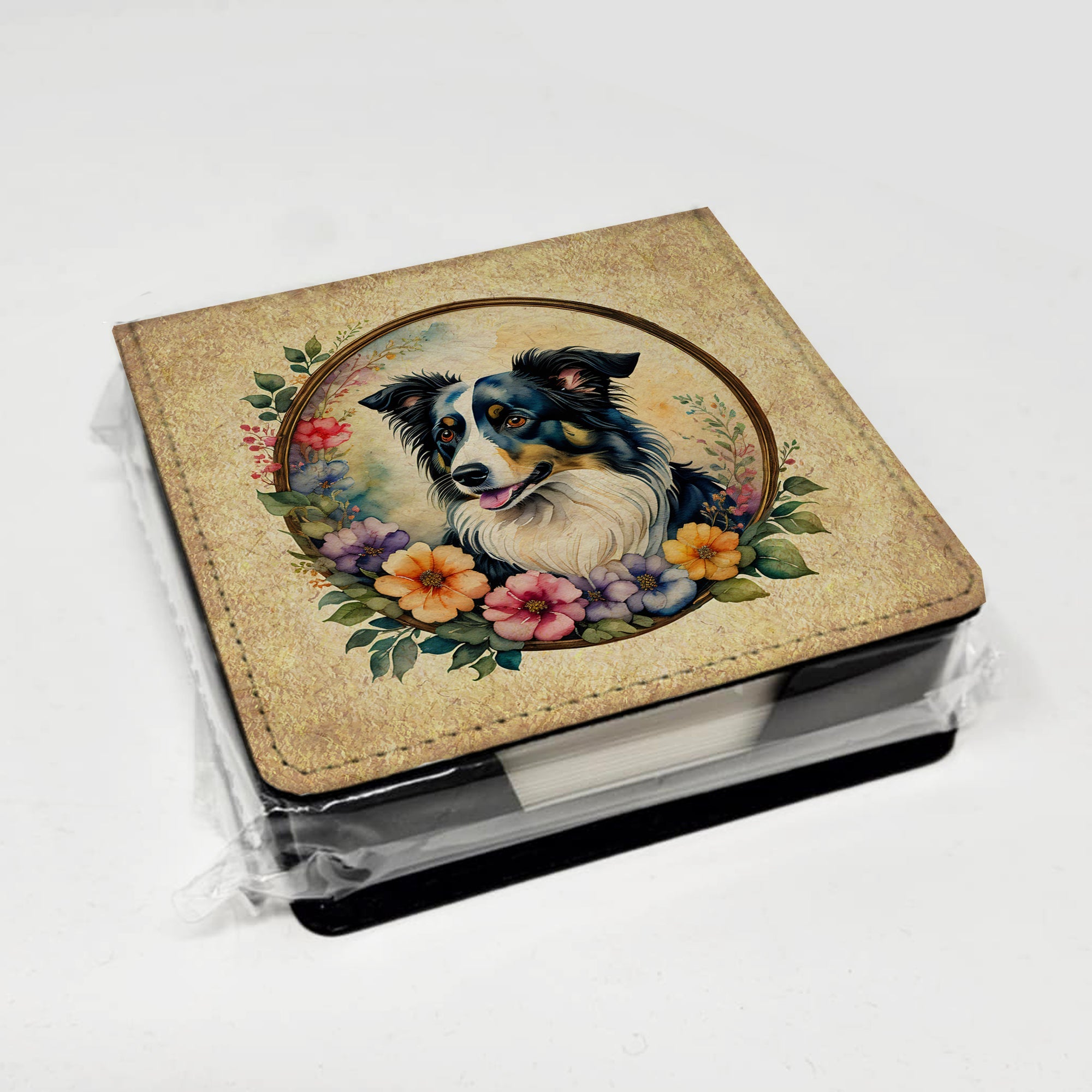 Border Collie and Flowers PU Leather Note Paper Holder with Artist-Designed Cover, Desk Accessory, Office Gift