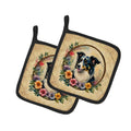 Border Collie and Flowers Pot Holder Set of 2 Heat Resistant Quilted Hot Pads 7.5 x 7.5 Inch, Insulated Kitchen Trivets for Cooking & Baking