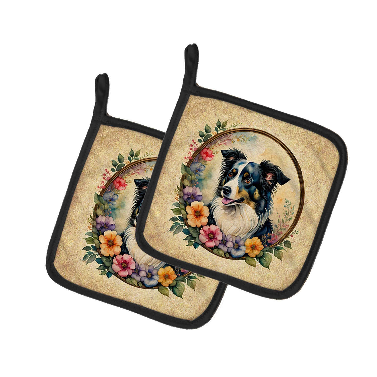 Border Collie and Flowers Pot Holder Set of 2 Heat Resistant Quilted Hot Pads 7.5 x 7.5 Inch, Insulated Kitchen Trivets for Cooking & Baking
