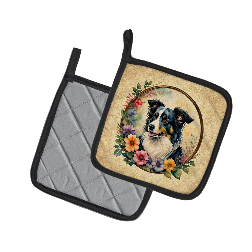 Border Collie and Flowers Pot Holder Set of 2 Heat Resistant Quilted Hot Pads 7.5 x 7.5 Inch, Insulated Kitchen Trivets for Cooking & Baking