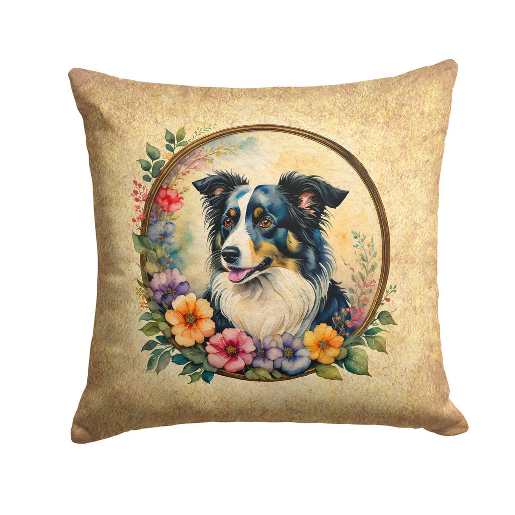 Border Collie and Flowers Decorative Throw Pillow 14x14 Indoor Outdoor Accent Cushion, Fabric Cover with Insert for Sofa, Bed, Porch & Living Room