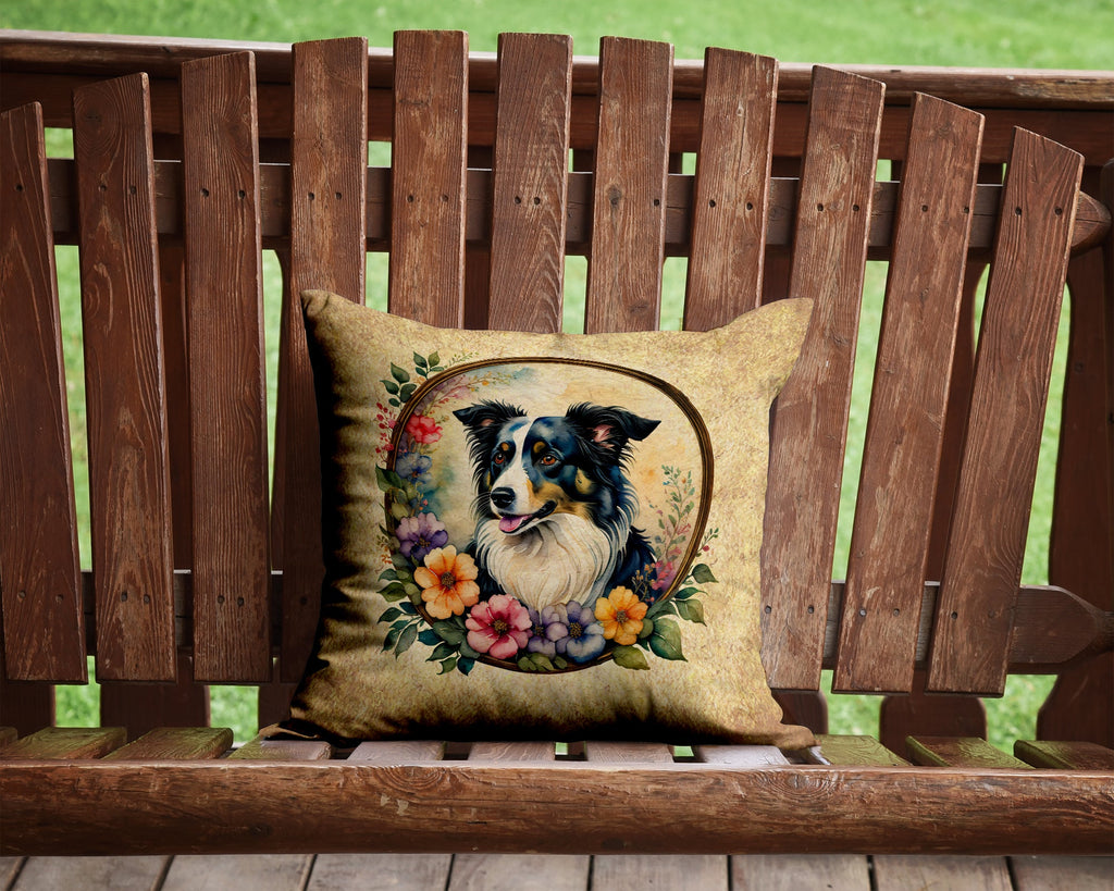Border Collie and Flowers Decorative Throw Pillow 14x14 Indoor Outdoor Accent Cushion, Fabric Cover with Insert for Sofa, Bed, Porch & Living Room