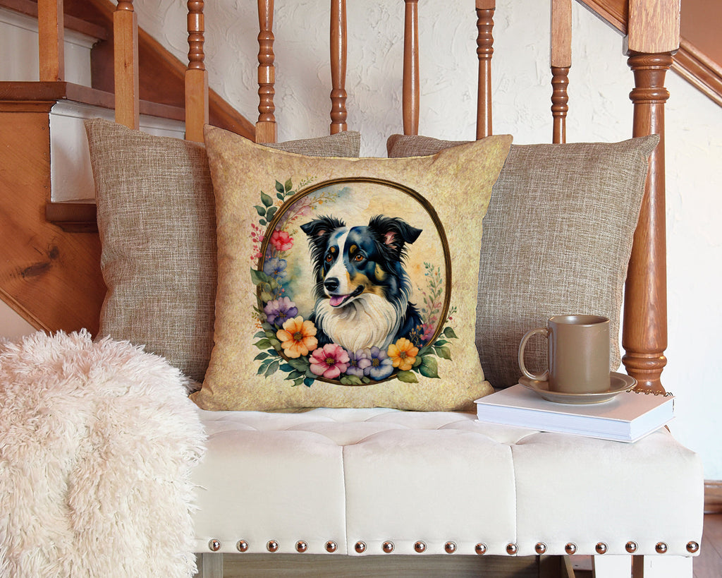 Border Collie and Flowers Decorative Throw Pillow 14x14 Indoor Outdoor Accent Cushion, Fabric Cover with Insert for Sofa, Bed, Porch & Living Room