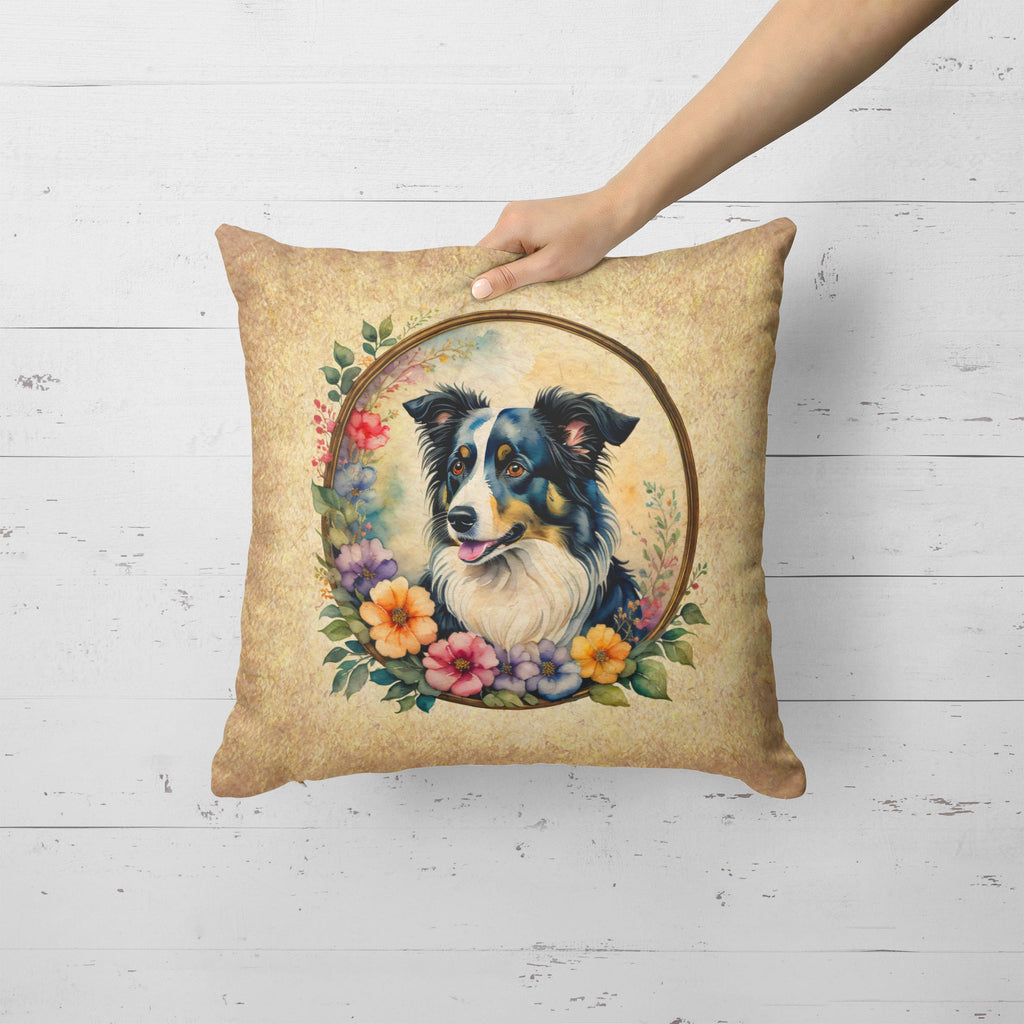 Border Collie and Flowers Decorative Throw Pillow 18x18 Indoor Outdoor Accent Cushion, Fabric Cover with Insert for Sofa, Bed, Porch & Living Room