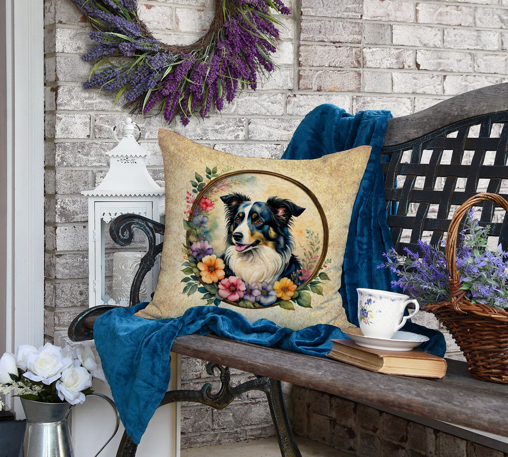 Border Collie and Flowers Decorative Throw Pillow 18x18 Indoor Outdoor Accent Cushion, Fabric Cover with Insert for Sofa, Bed, Porch & Living Room