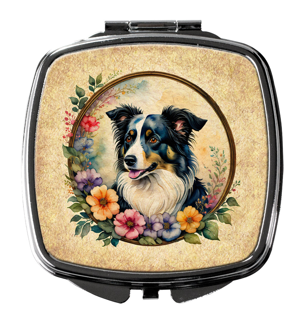 Border Collie and Flowers Compact Mirror Decorative Travel Makeup Mirror for Women Girls Gifts Pocket Makeup Mirror Folding Handheld