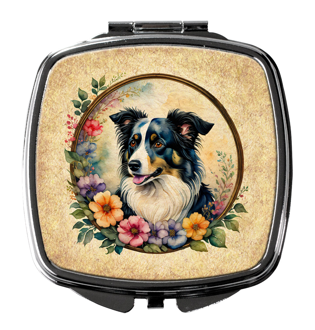 Border Collie and Flowers Compact Mirror Decorative Travel Makeup Mirror for Women Girls Gifts Pocket Makeup Mirror Folding Handheld