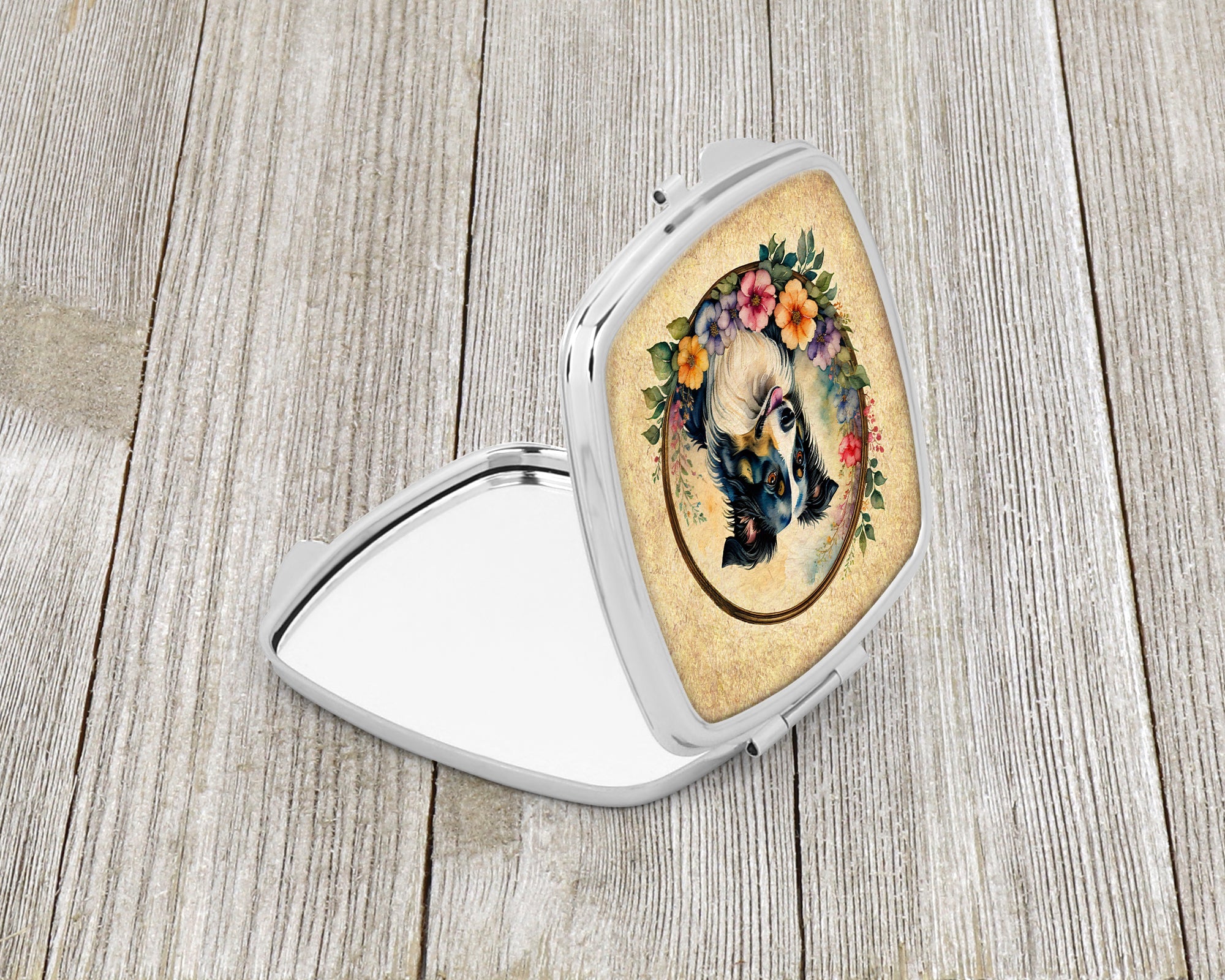 Border Collie and Flowers Compact Mirror Decorative Travel Makeup Mirror for Women Girls Gifts Pocket Makeup Mirror Folding Handheld