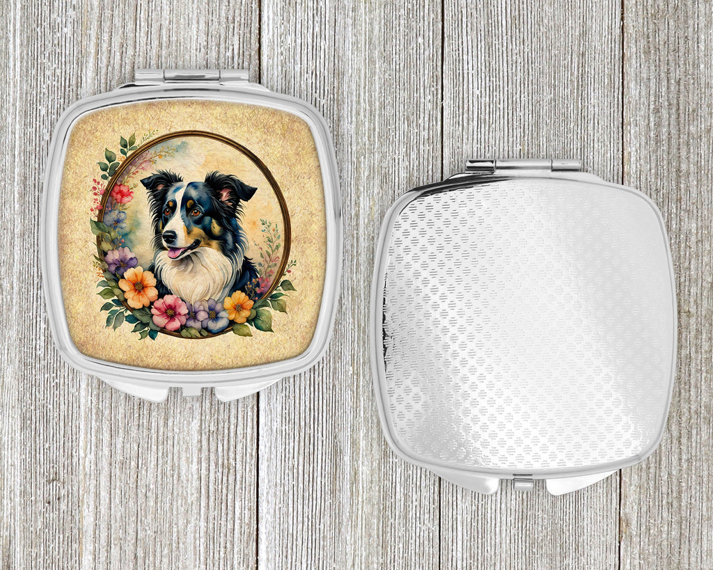 Border Collie and Flowers Compact Mirror Decorative Travel Makeup Mirror for Women Girls Gifts Pocket Makeup Mirror Folding Handheld