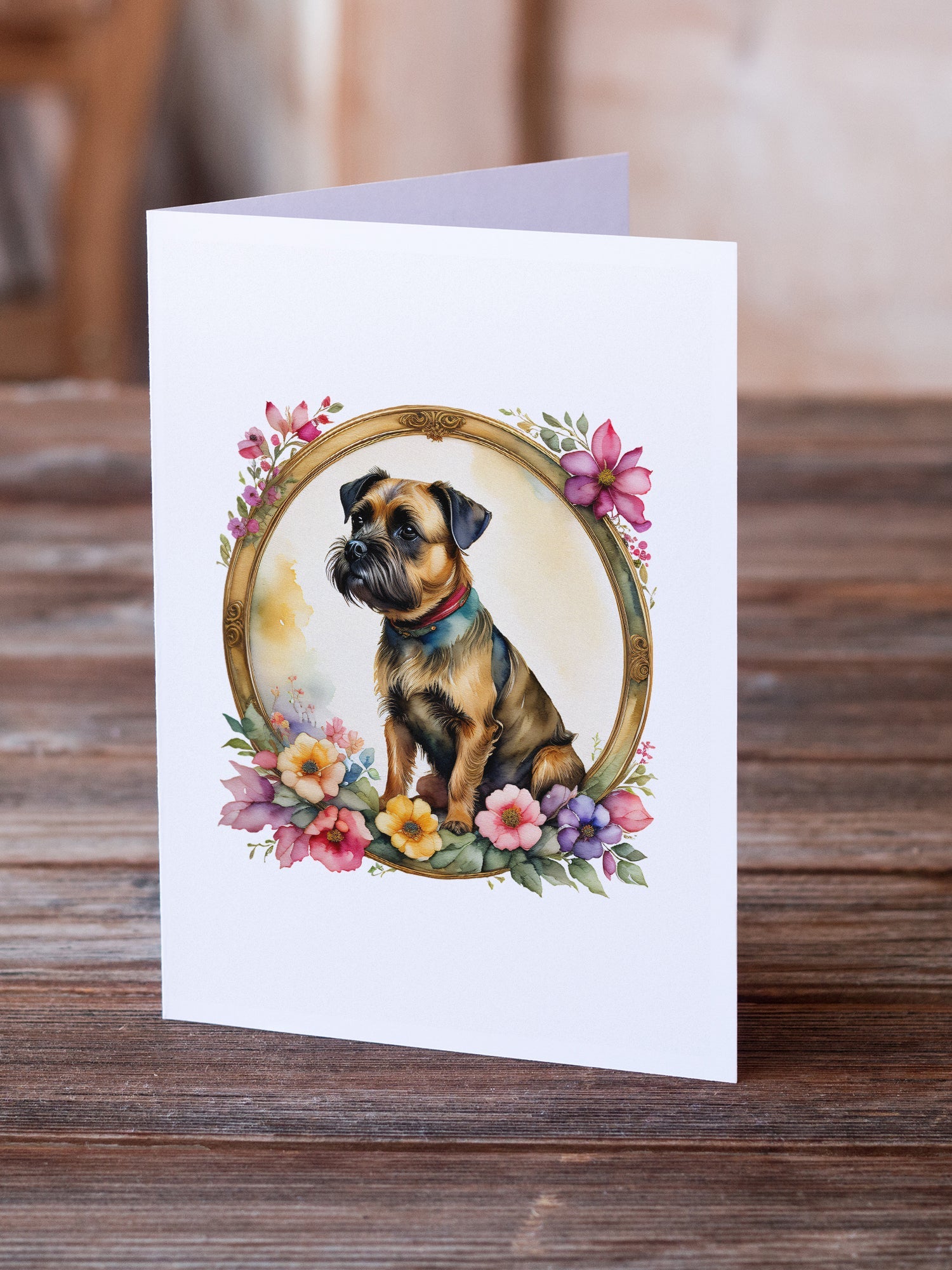 Border Terrier and Flowers Greeting Cards Pack of 8 Blank Cards with Envelopes Whimsical A7 Size 5x7