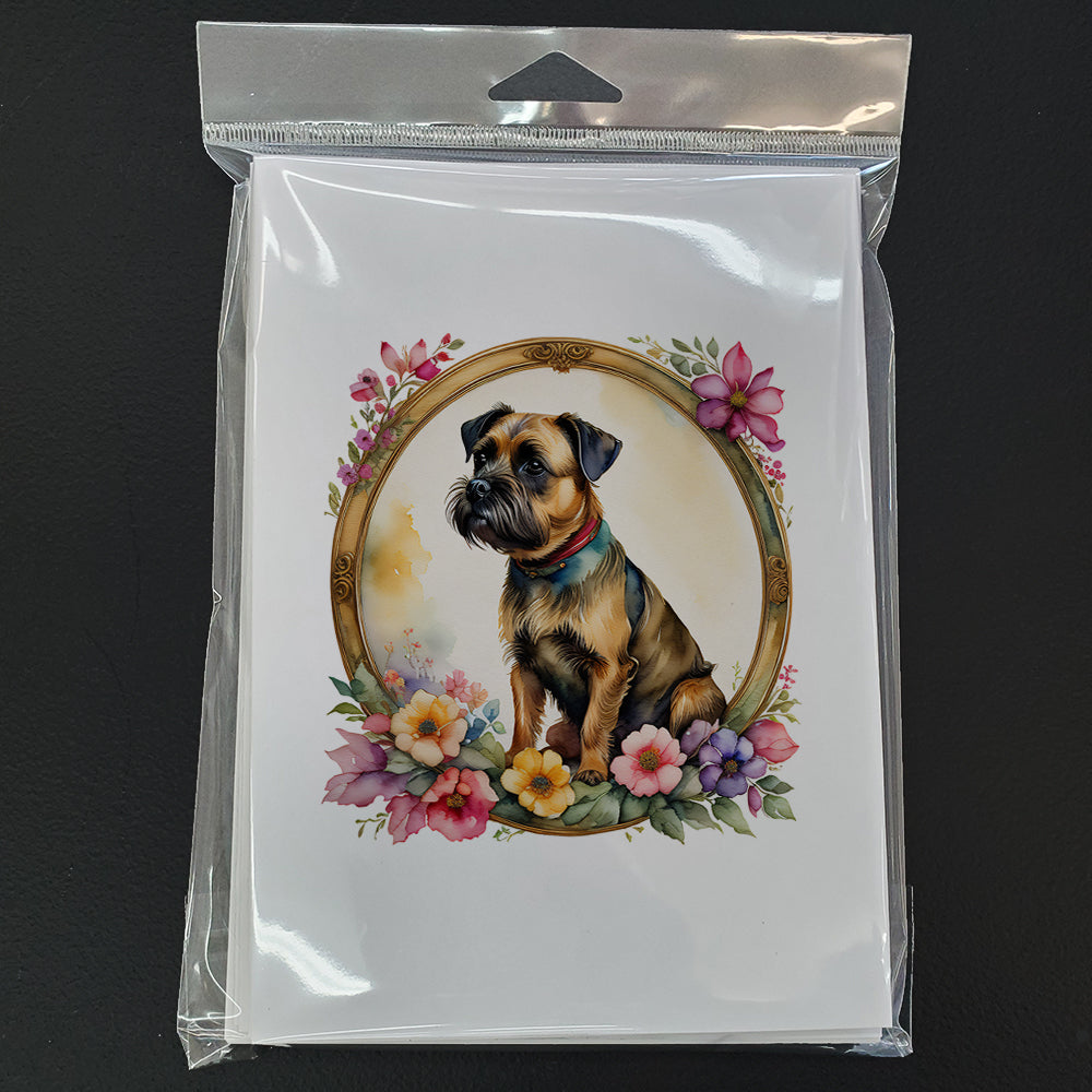 Border Terrier and Flowers Greeting Cards Pack of 8 Blank Cards with Envelopes Whimsical A7 Size 5x7