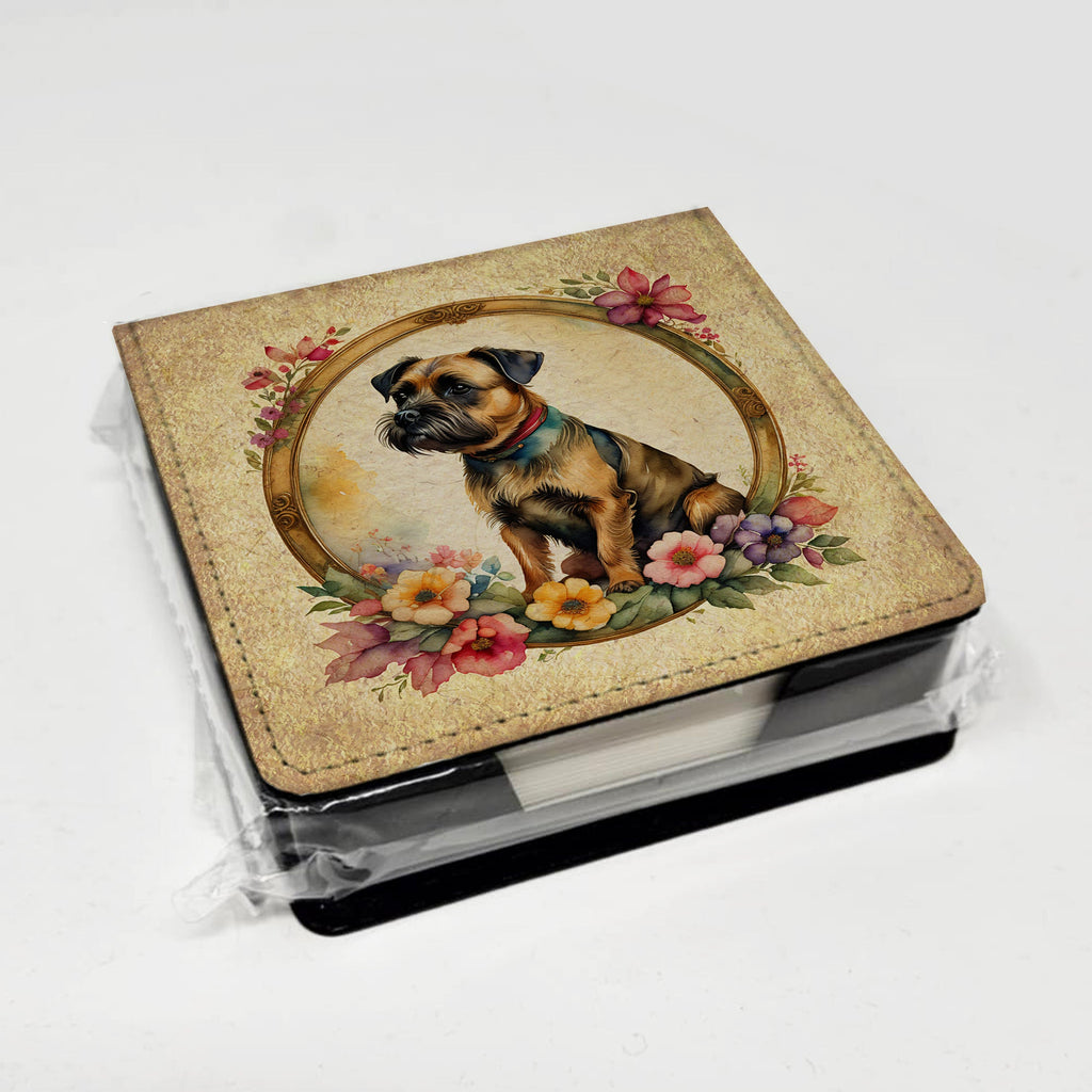 Border Terrier and Flowers PU Leather Note Paper Holder with Artist-Designed Cover, Desk Accessory, Office Gift