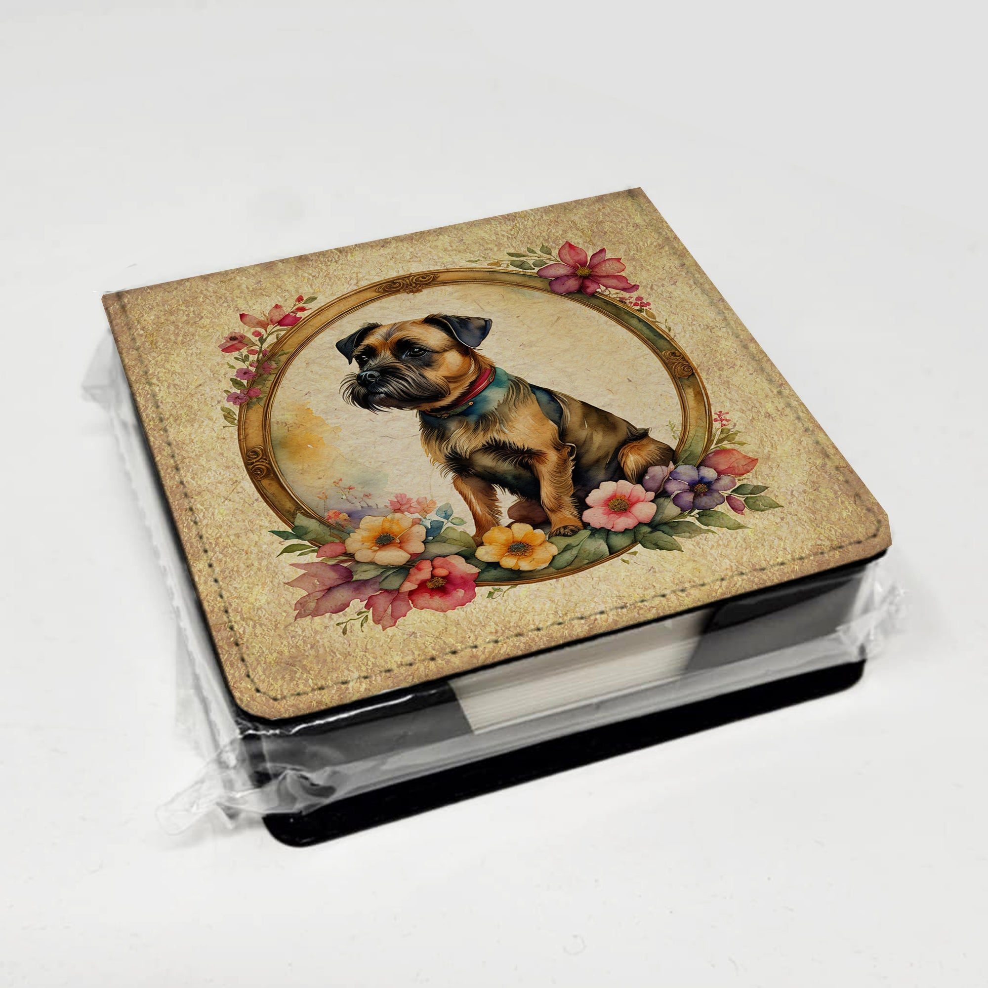 Border Terrier and Flowers PU Leather Note Paper Holder with Artist-Designed Cover, Desk Accessory, Office Gift